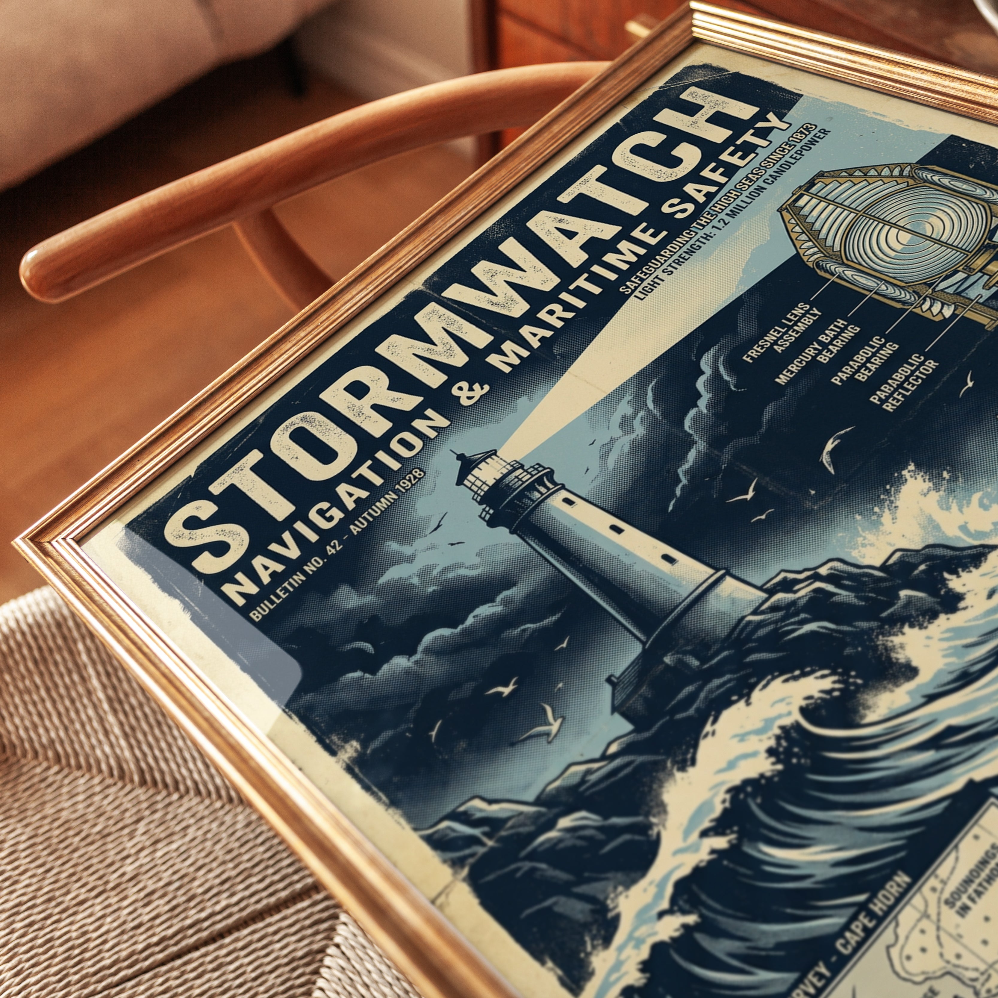 Vintage Maritime Storm Lighthouse Poster: Nautical Safety Art - detail