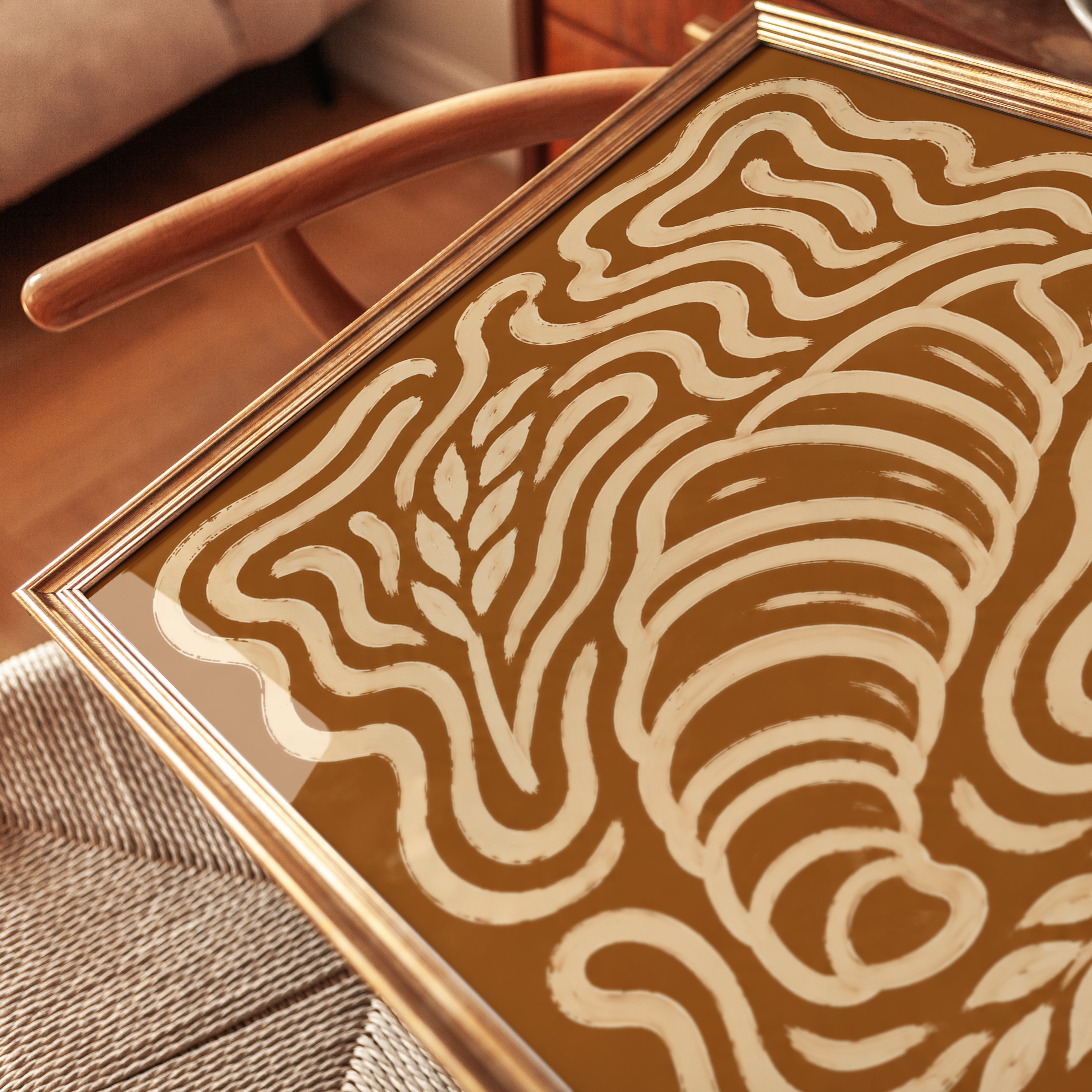 Art Nouveau Croissant Poster: Brown and Cream Swirling Design - detail