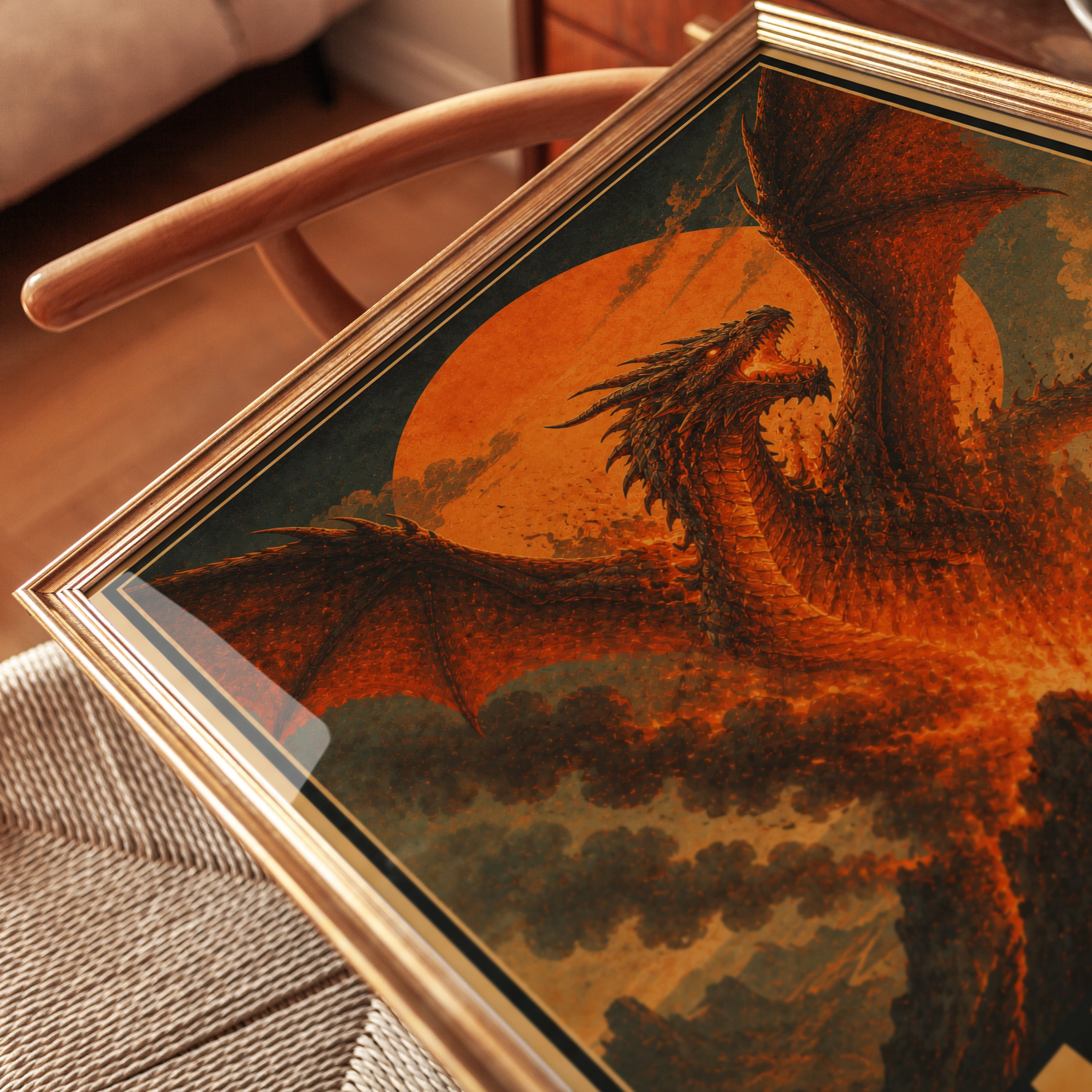 Ember Dragon Rising From Volcano: Vintage Fantasy Art Print - detail