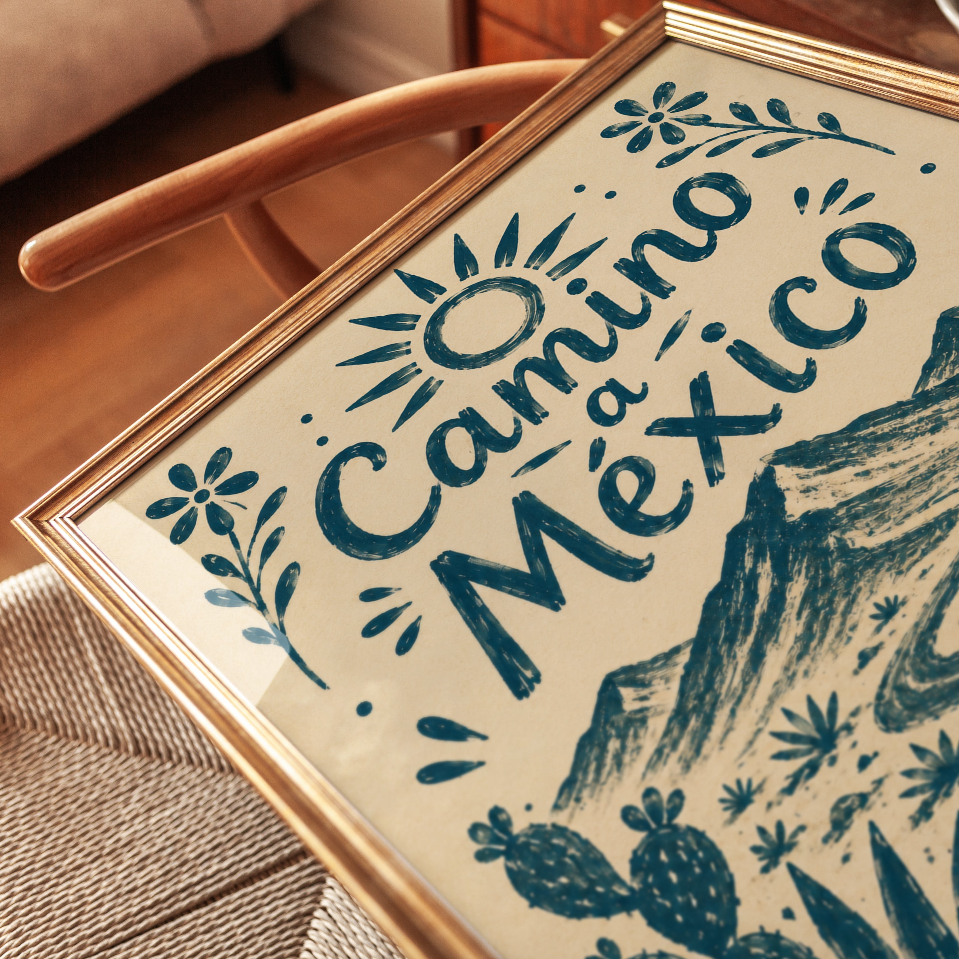 Camino a Mexico Poster: Vintage Travel Desert Landscape Art - detail