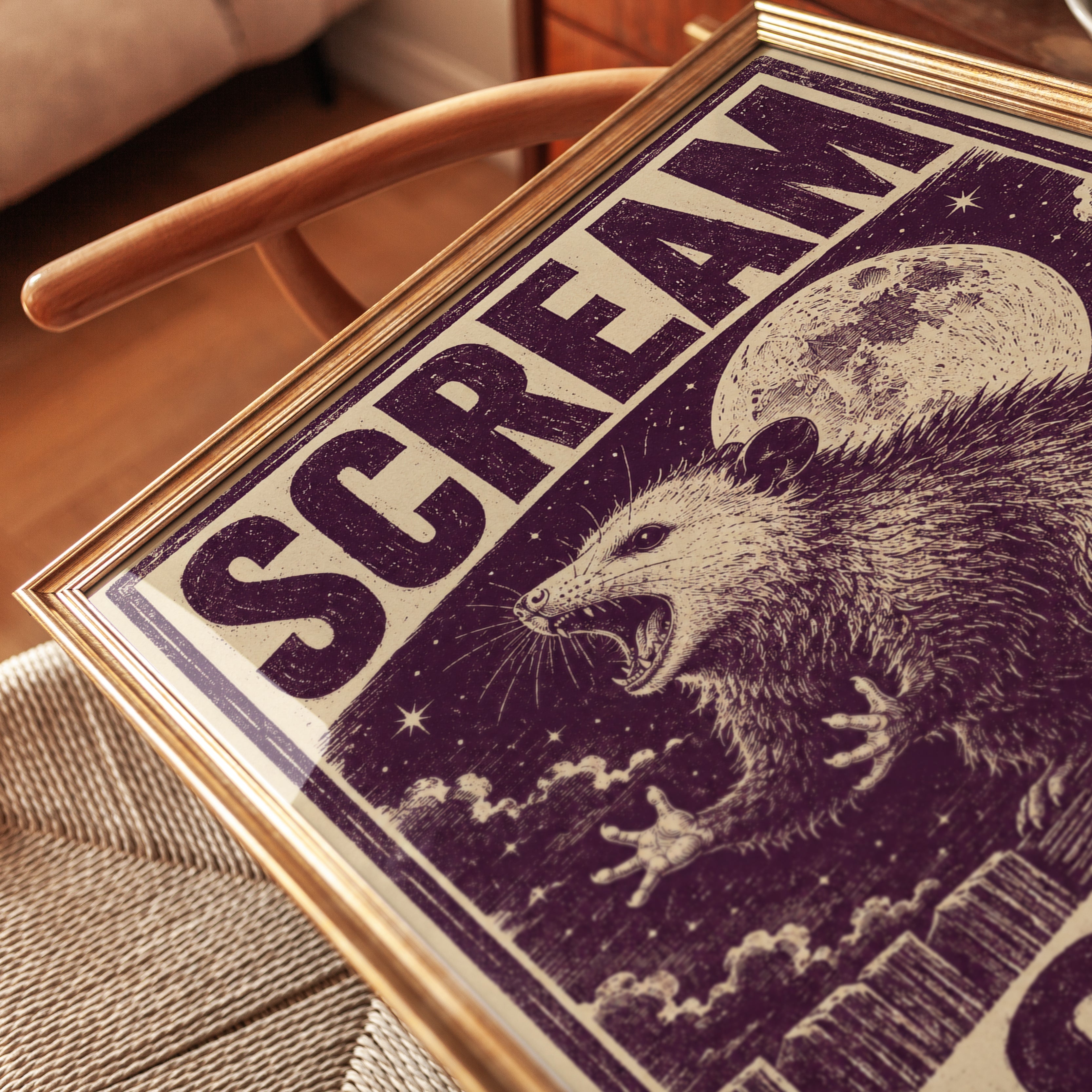 Vintage Rat Poster Print: Retro Gothic Illustration in Purple - detail