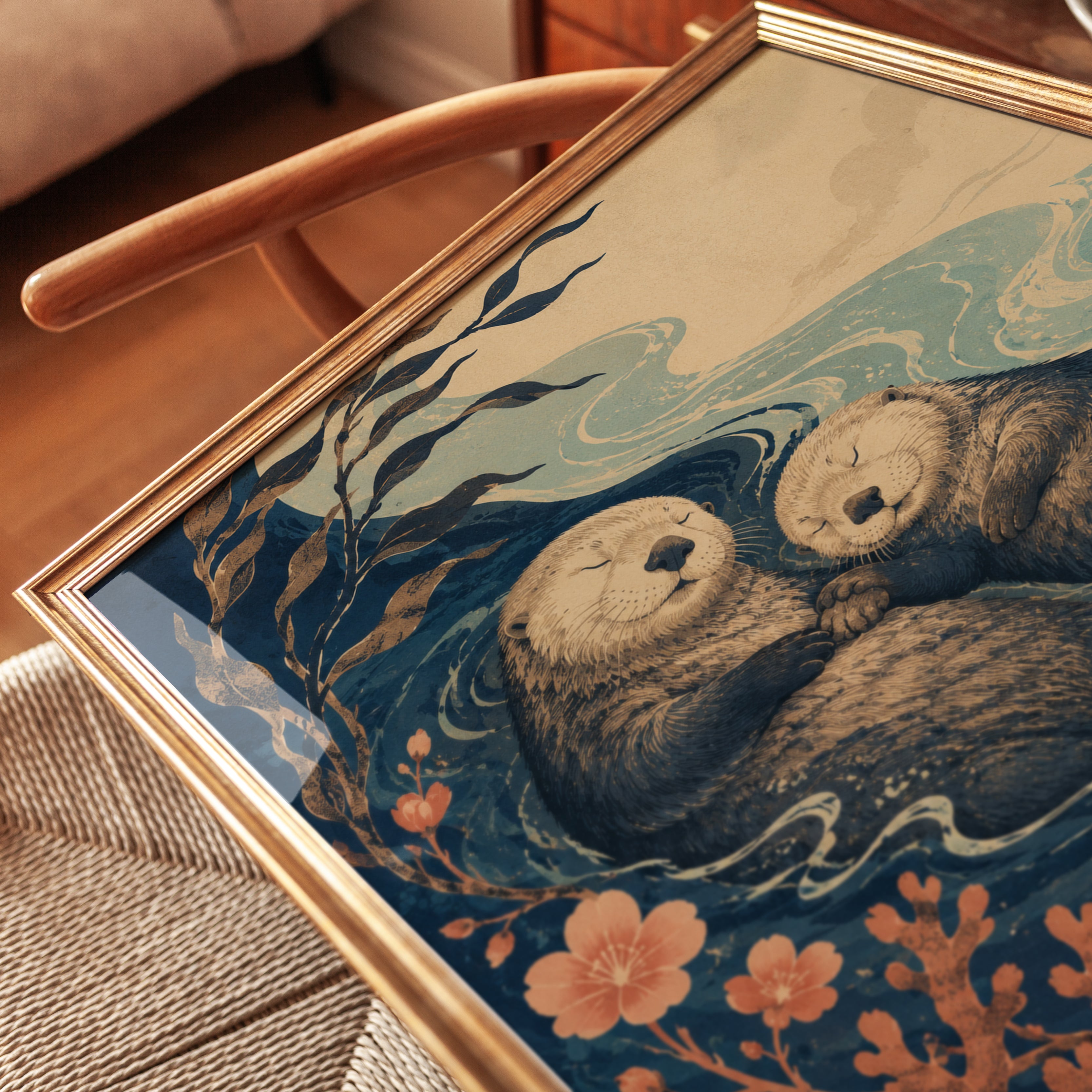 Sea Otter Art Print — Japanese Wave Style - detail