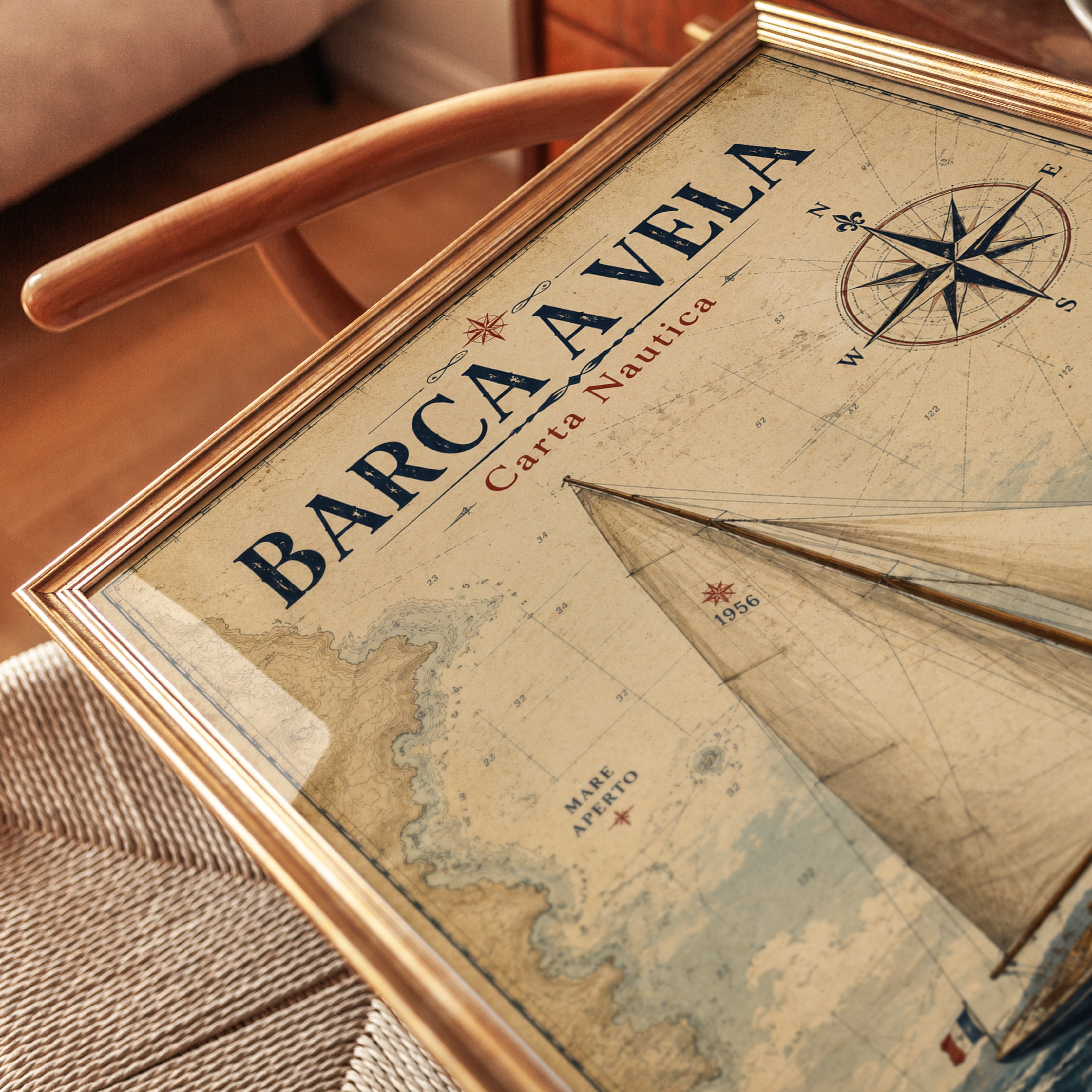Vintage Nautical Chart Sailboat Print: Aged Maritime Map Art - detail