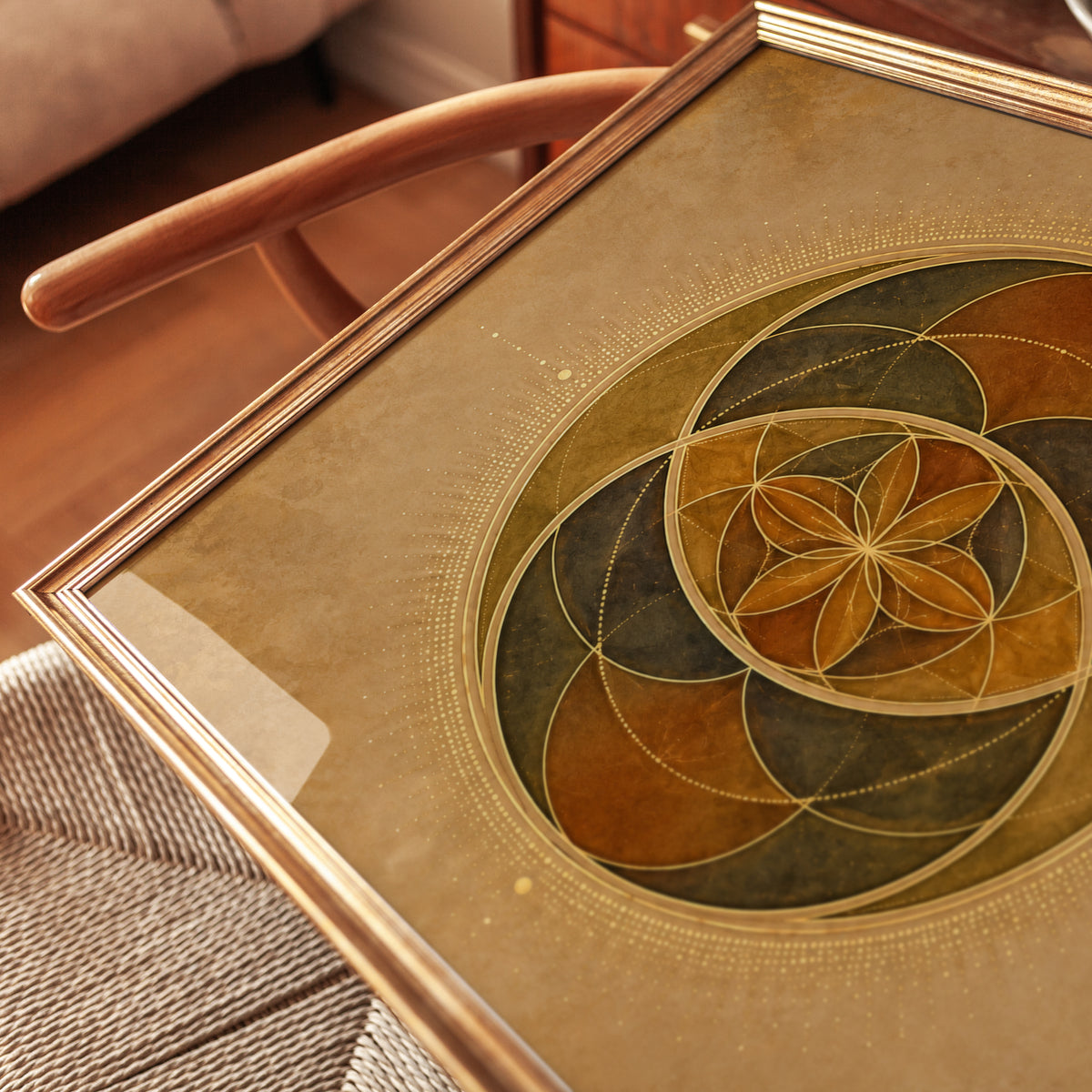 Vesica Piscis Sacred Geometry Art Print: Gold Brown Mandala - detail
