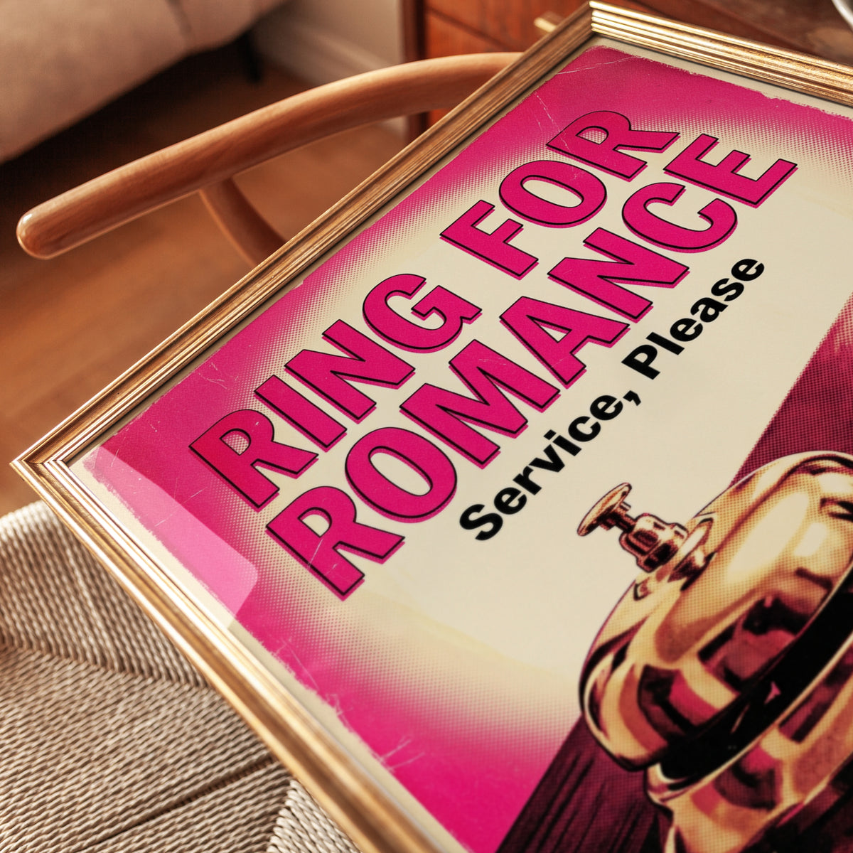 Ring for Romance Retro Poster: Vintage Pink Service Bell Art - detail