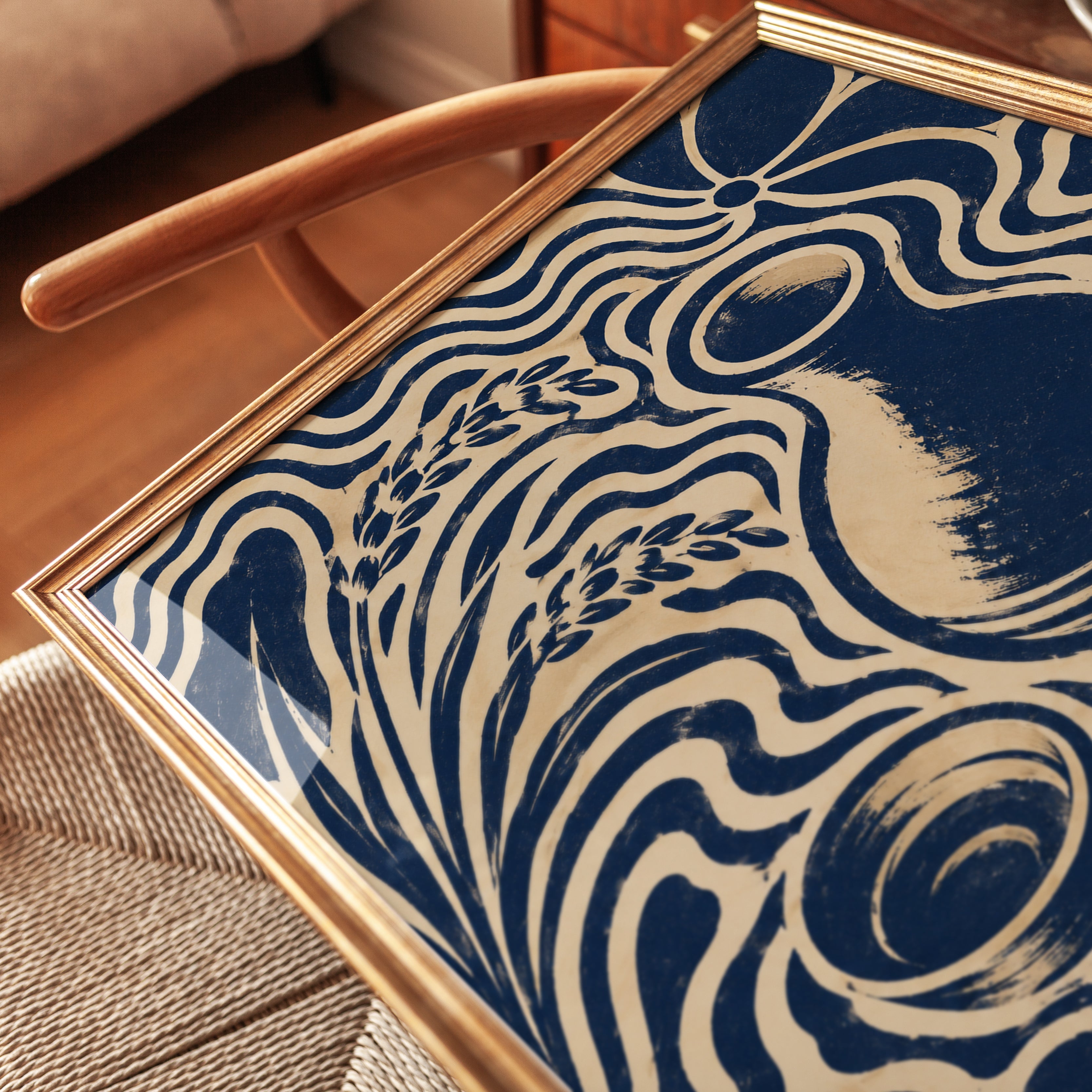 Art Nouveau Vase Print: Navy Blue and Cream Floral Design - detail