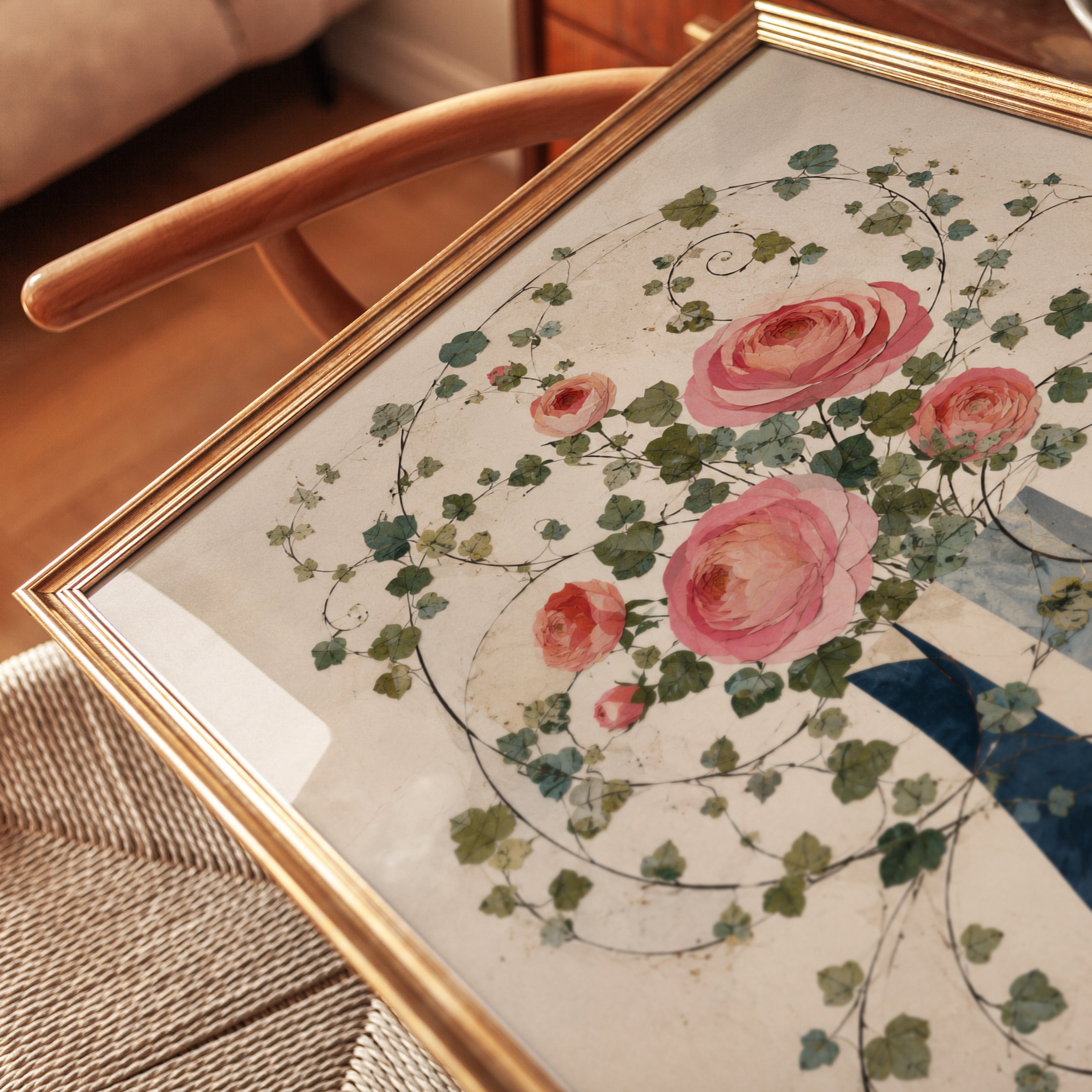 Pink Roses and Ivy Wall Art: Geometric Vase Botanical Print - detail