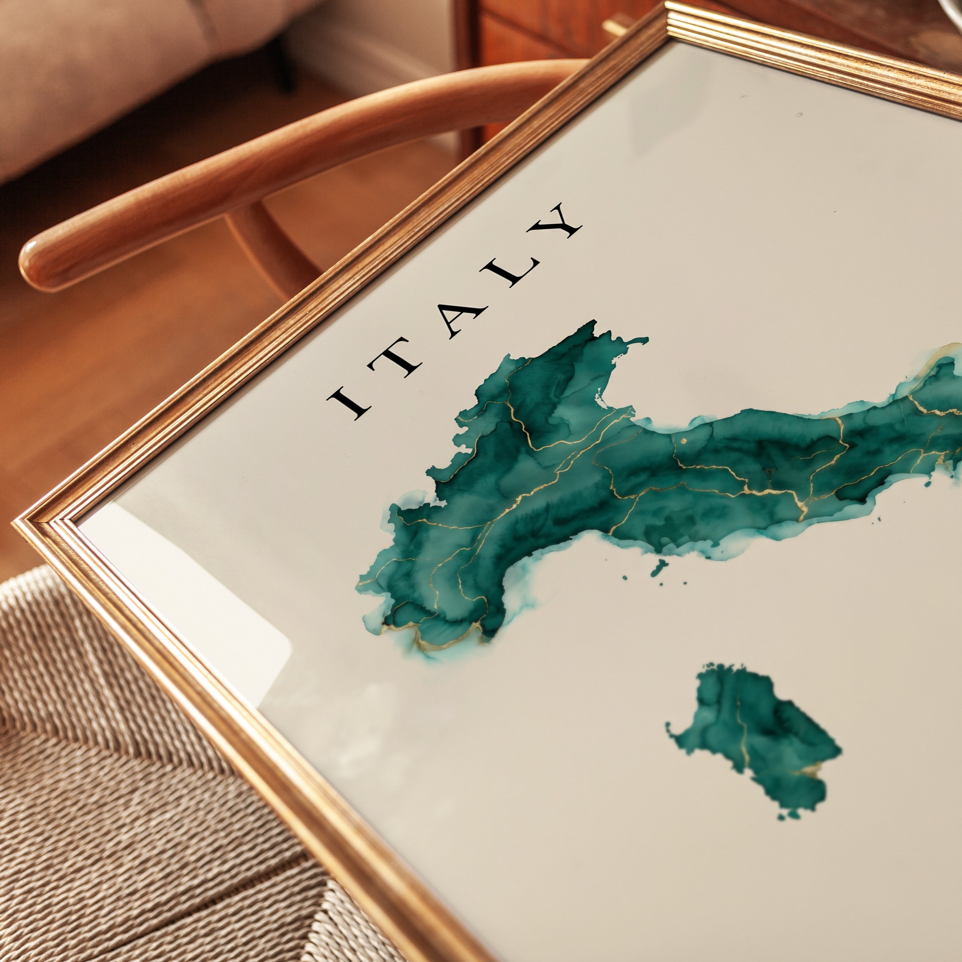 Italy Map Print – Teal Gold Watercolor Cartography Travel Decor - detail
