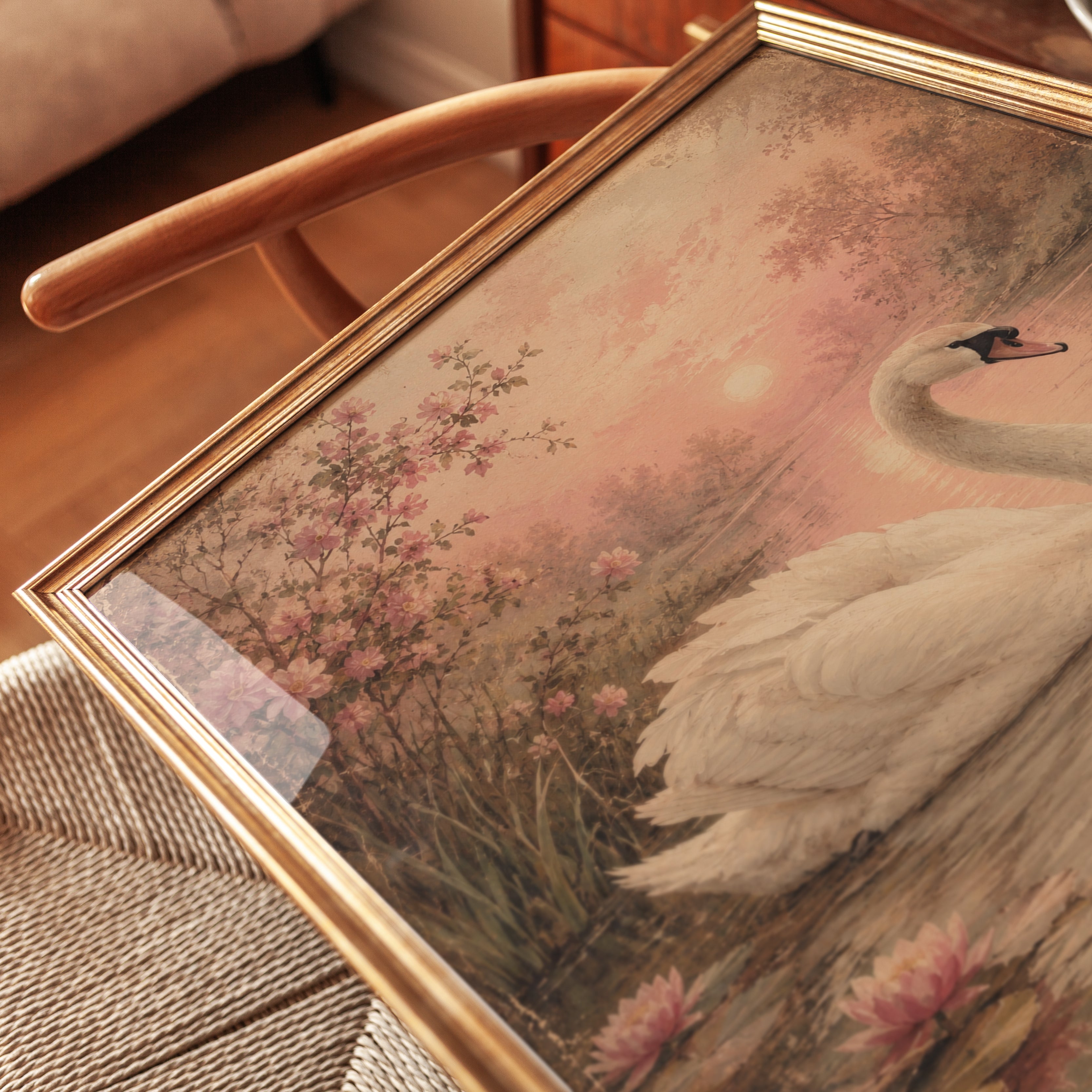 Swan Wall Art – Vintage Lake Print - detail