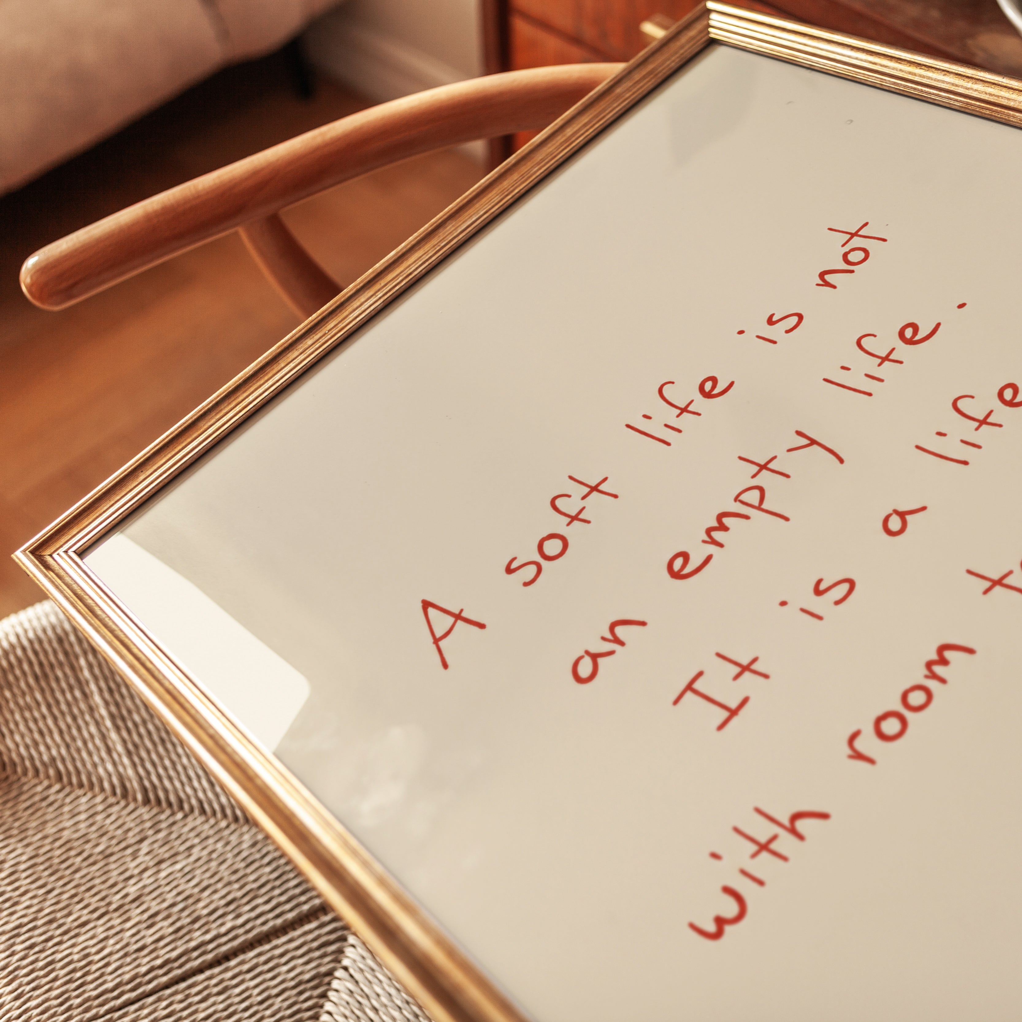 Soft Life Typography Print: Minimalist Red Text on Beige - detail