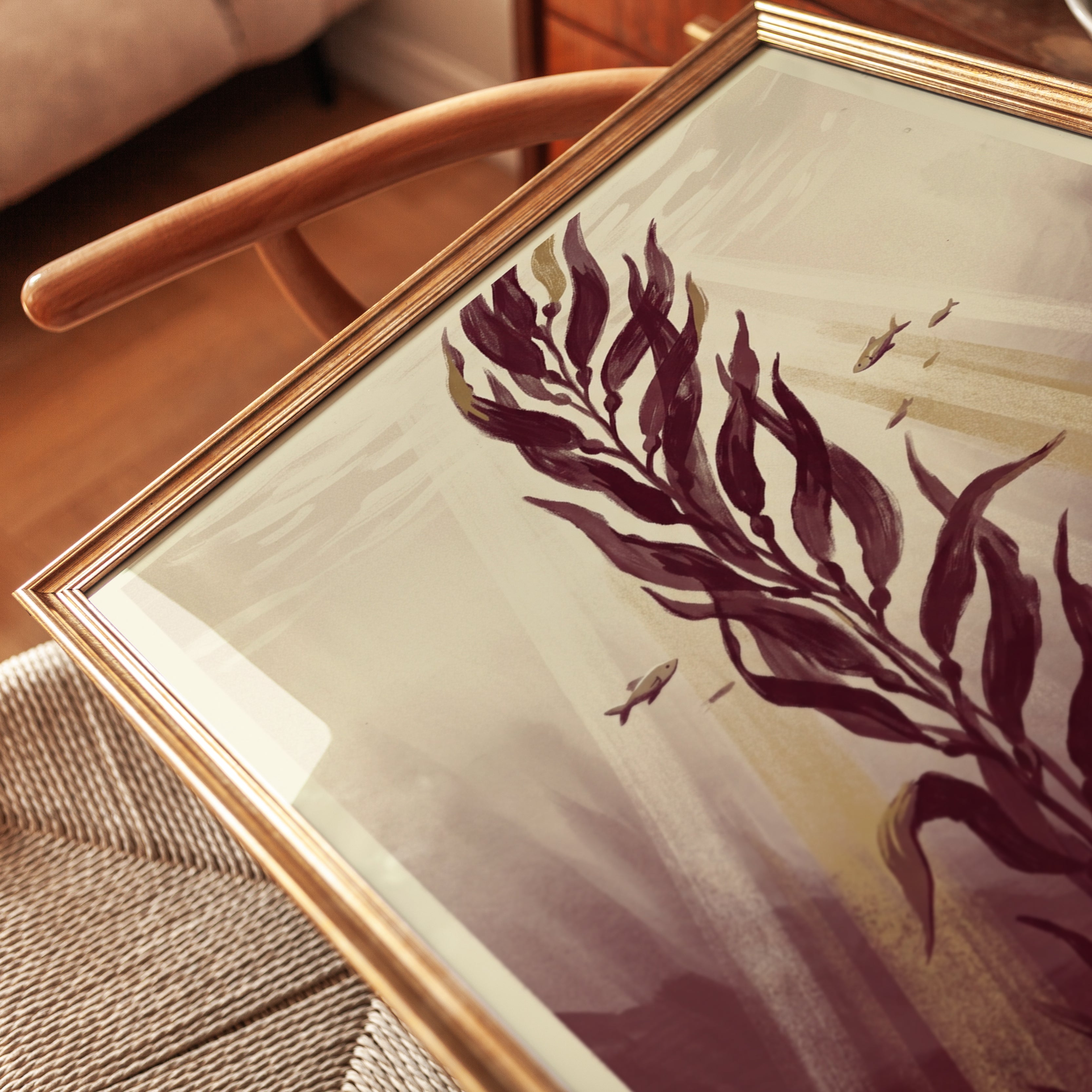 Underwater Kelp Forest Art Print: Burgundy and Cream Marine Scene - detail