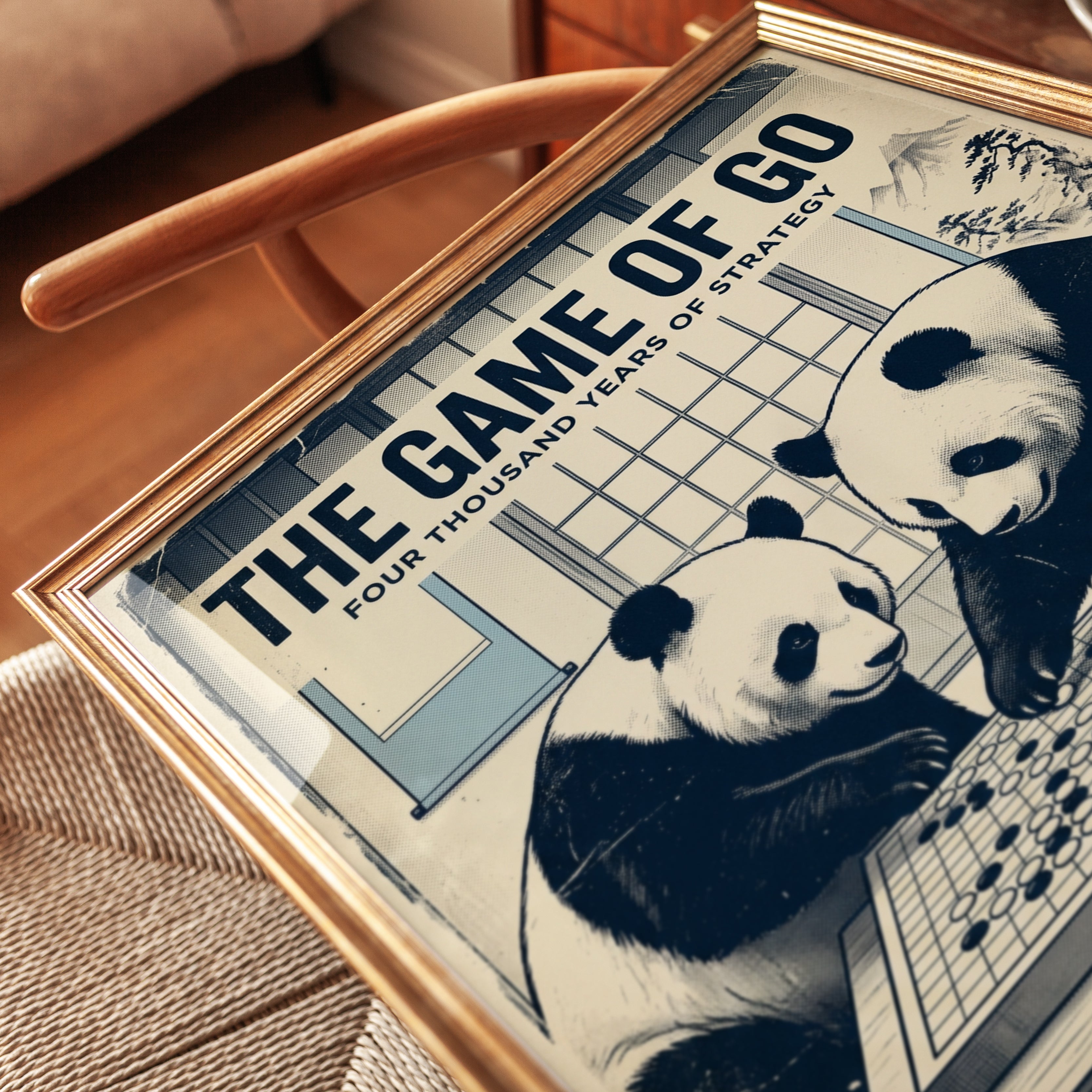 Pandas Playing Go Print: Vintage Japanese Style Board Game Art - detail