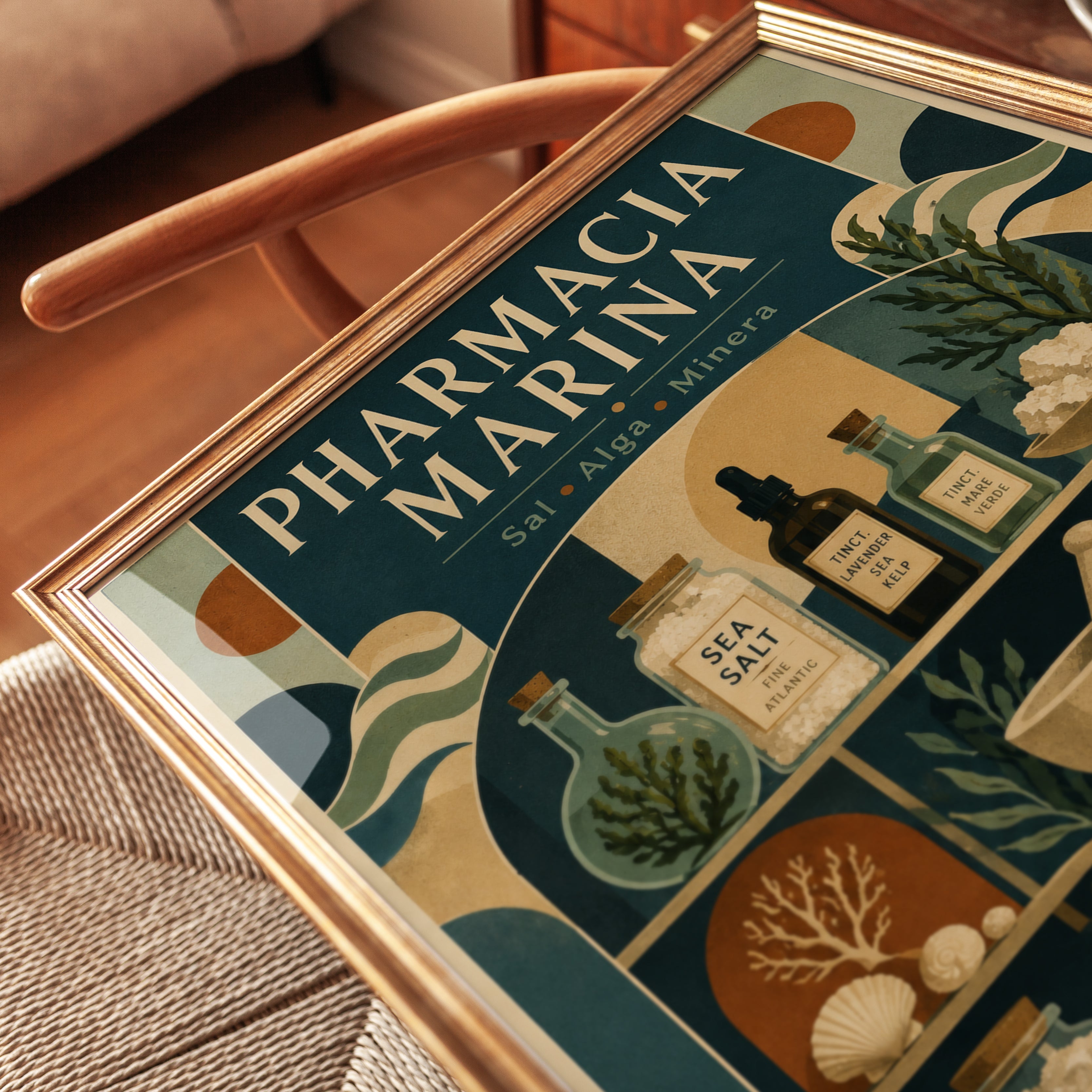 Coastal Apothecary Print: Vintage Pharmacy Art in Teal & Sage - detail