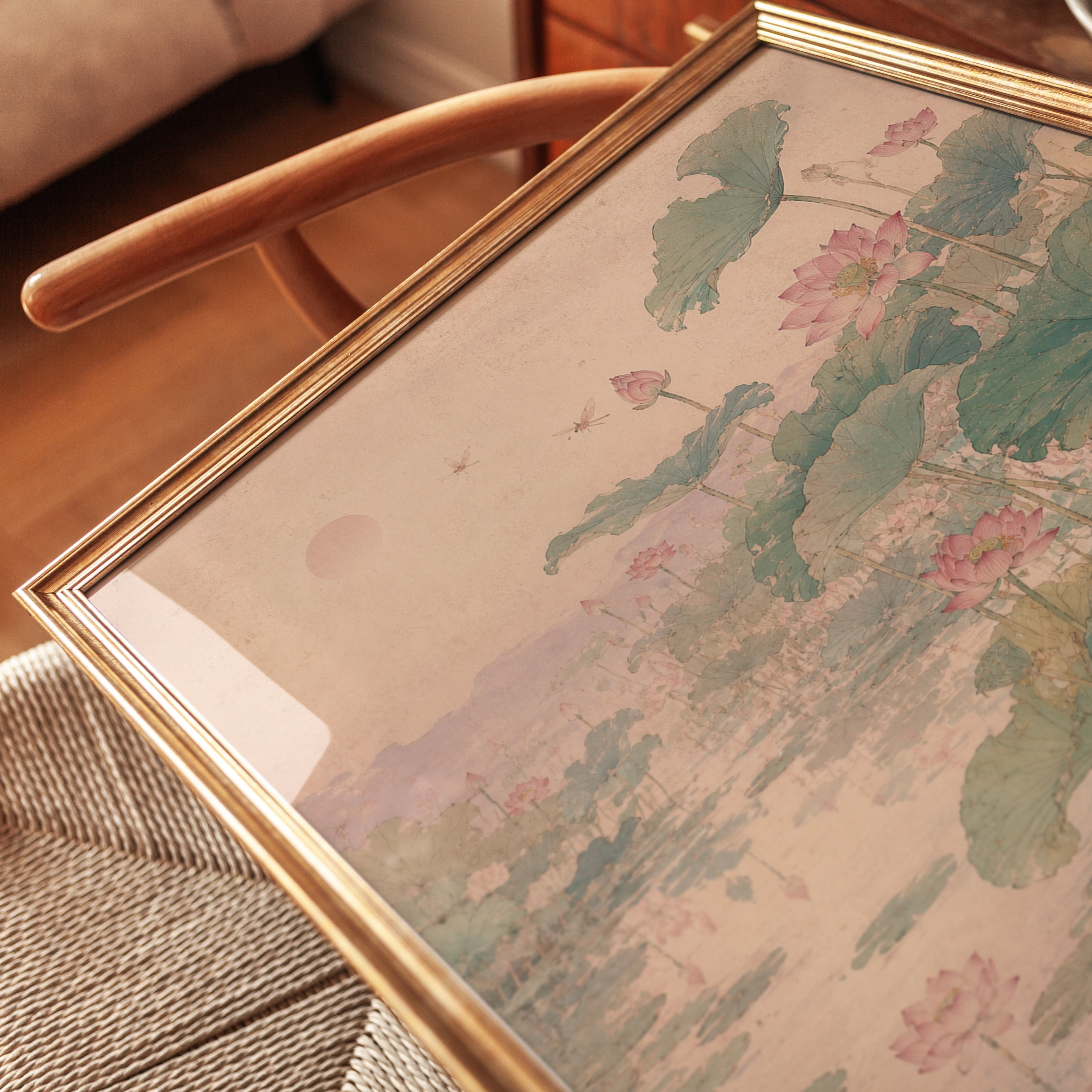 Lotus Pond Wall Art: Japanese Botanical Watercolor Print - detail