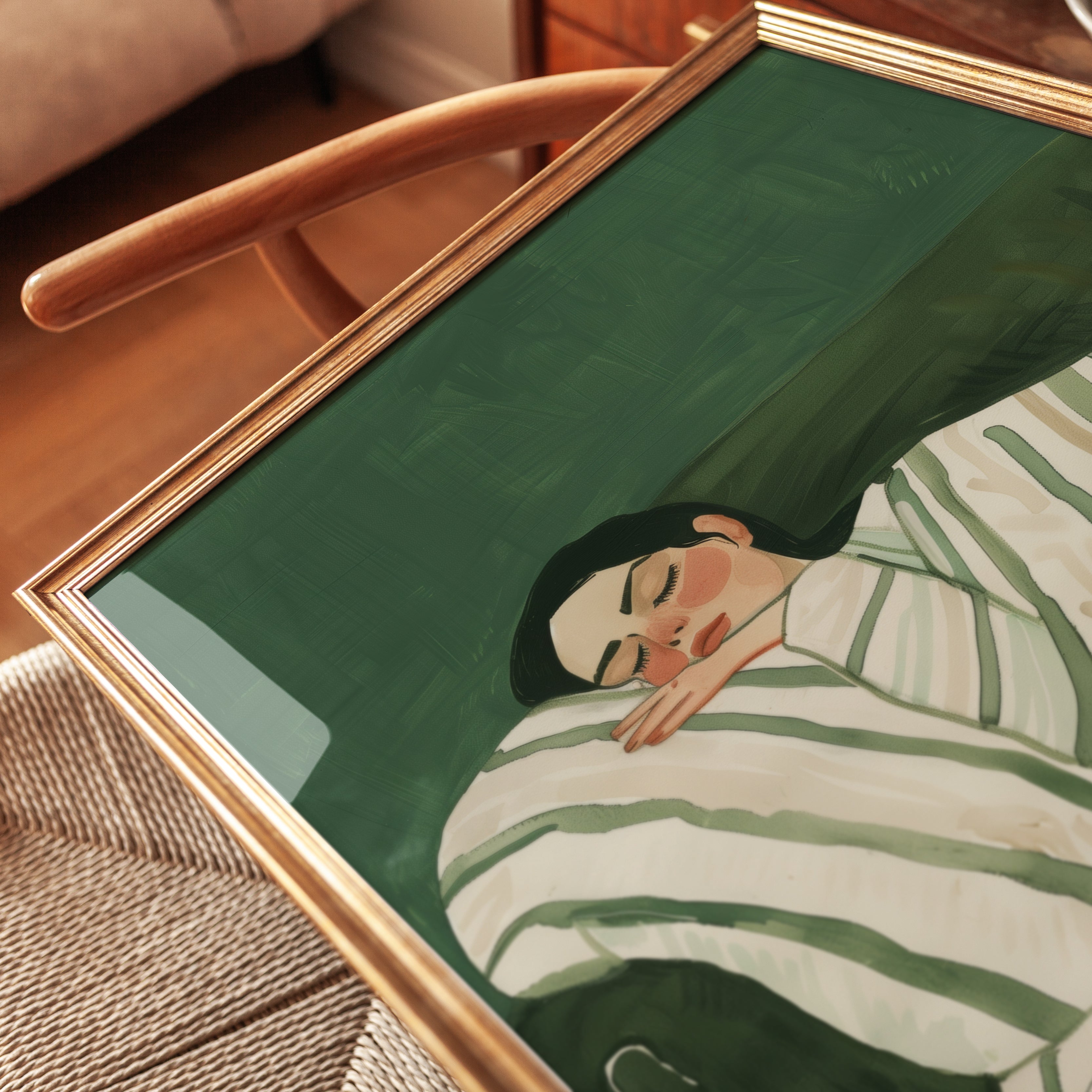 Sleeping Woman in Green Striped Bedding: Contemporary Portrait Art - detail