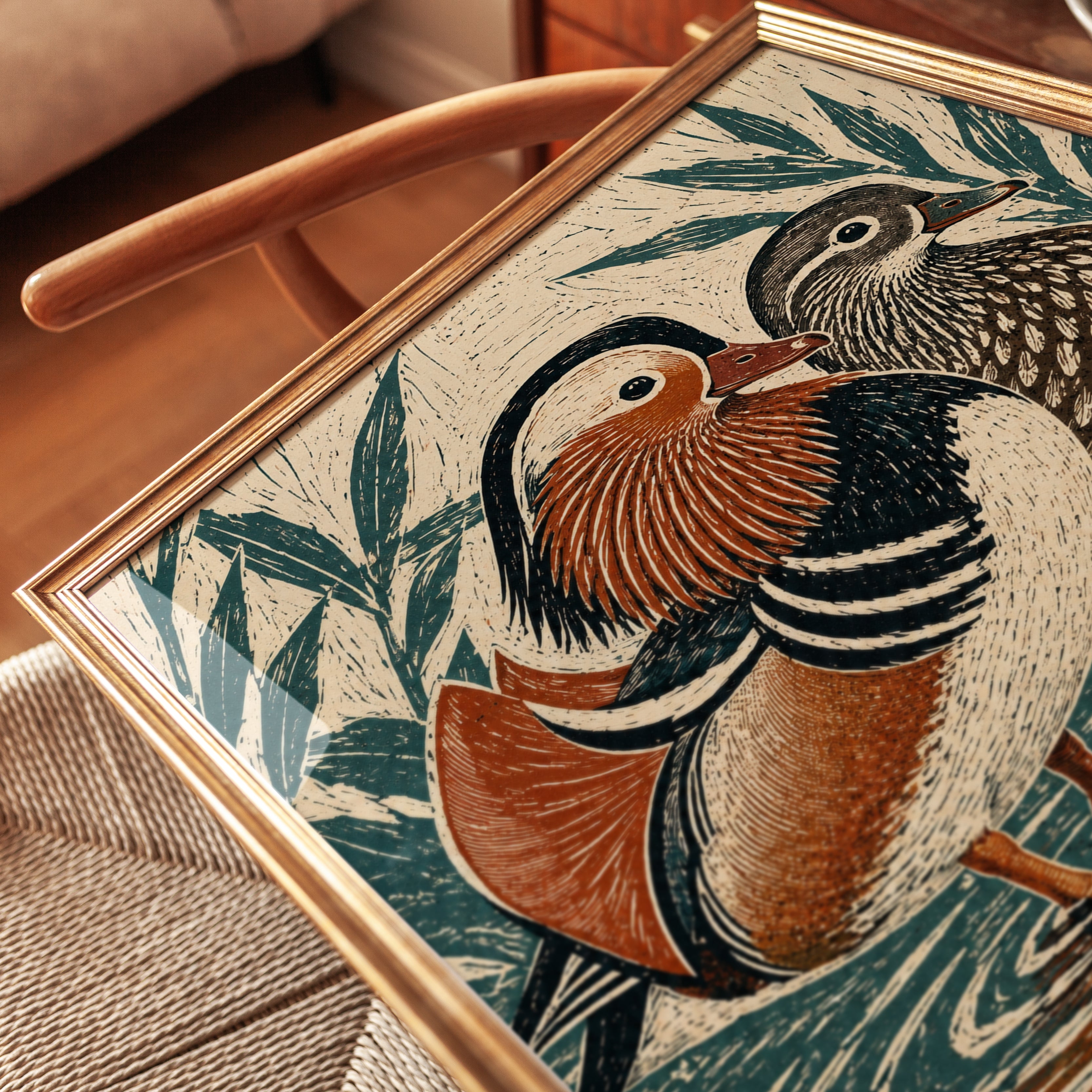 Mandarin Duck Pair Print: Woodblock Style Bird Art - detail