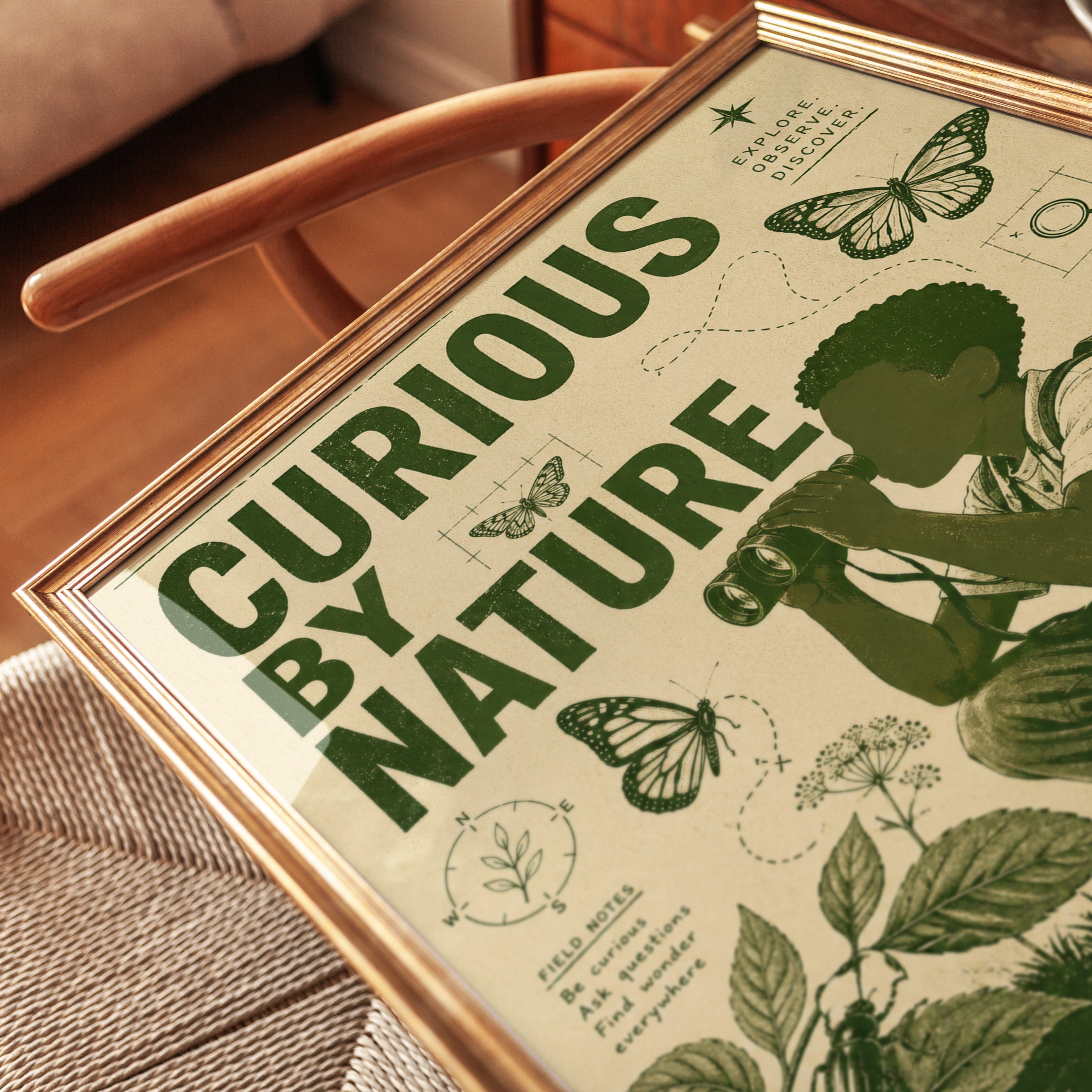 Curious By Nature Explorer Print: Vintage Green Nature Study Art - detail