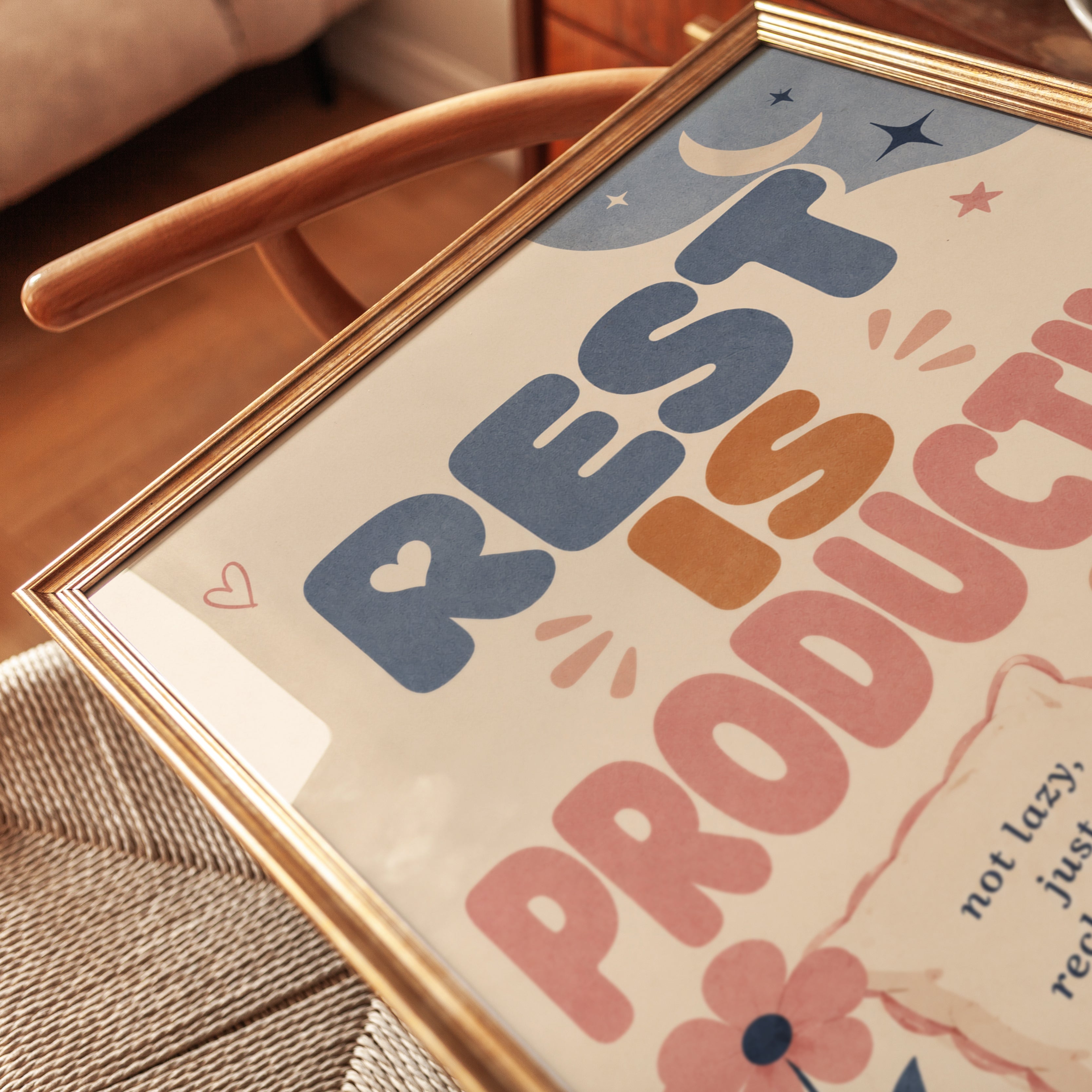 Rest is Productive Print: Cozy Self-Care Wall Art for Bedroom - detail