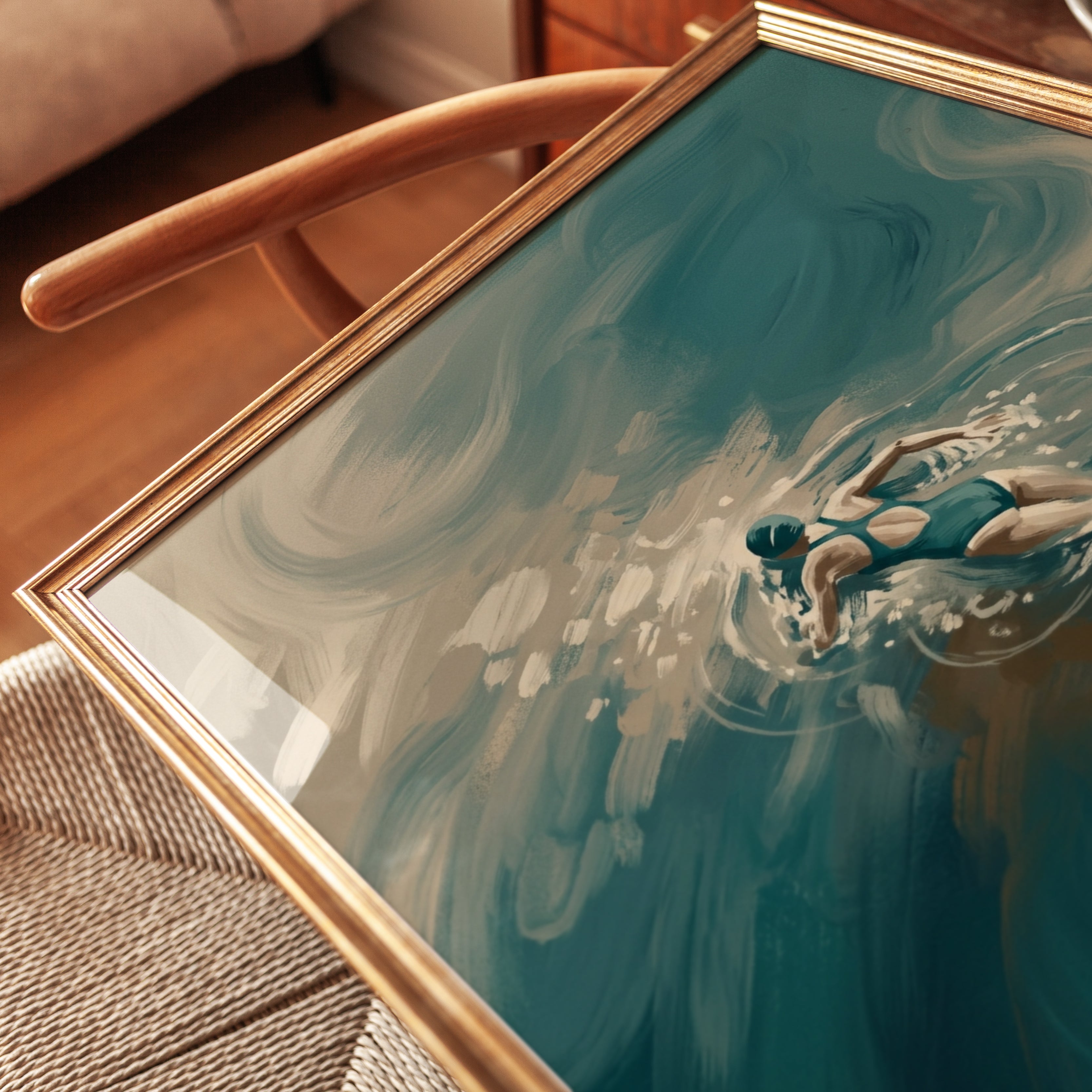 Swimmer in Teal Waters Art Print: Impressionist Aquatic Motion - detail