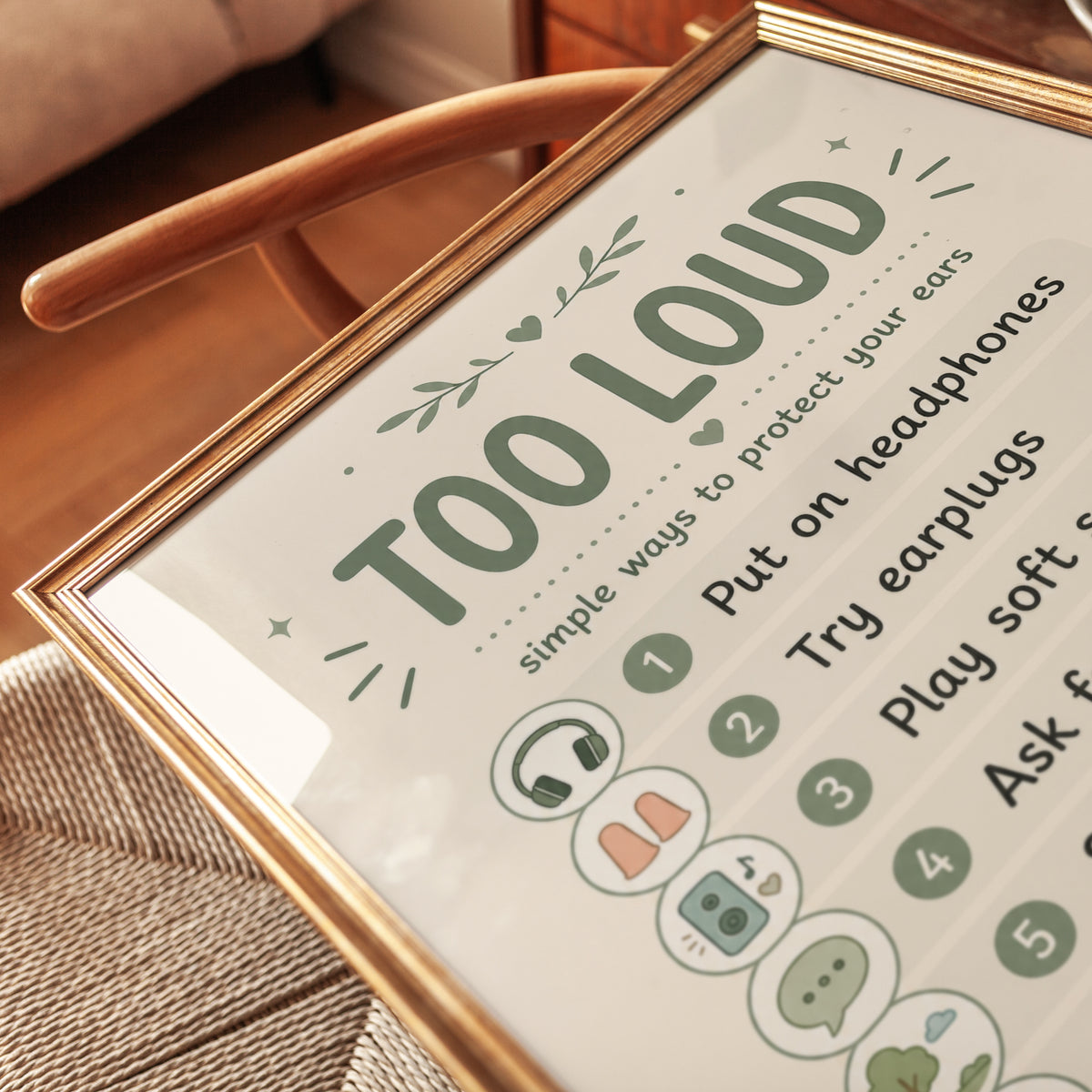 Too Loud Sensory Guide Print: Sage Green Self-Care Wall Art - detail
