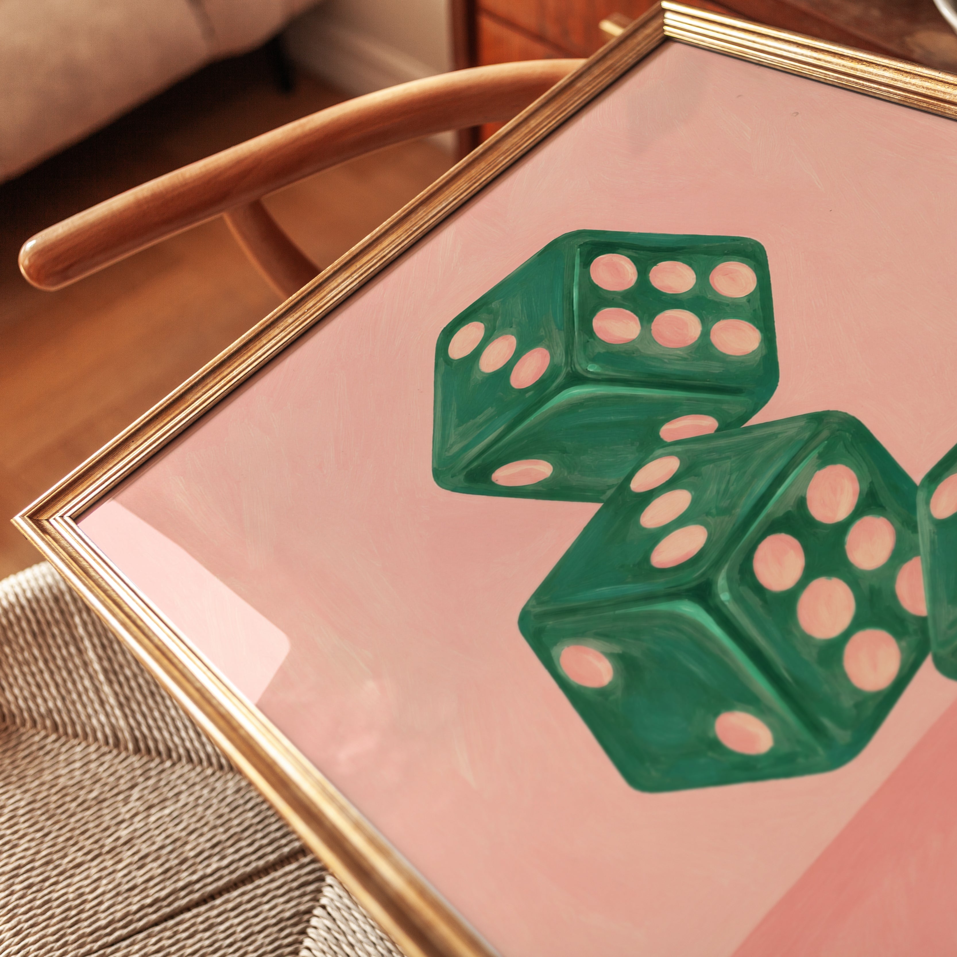 Green Dice Wall Art: Vintage Game Room Illustration on Pink - detail