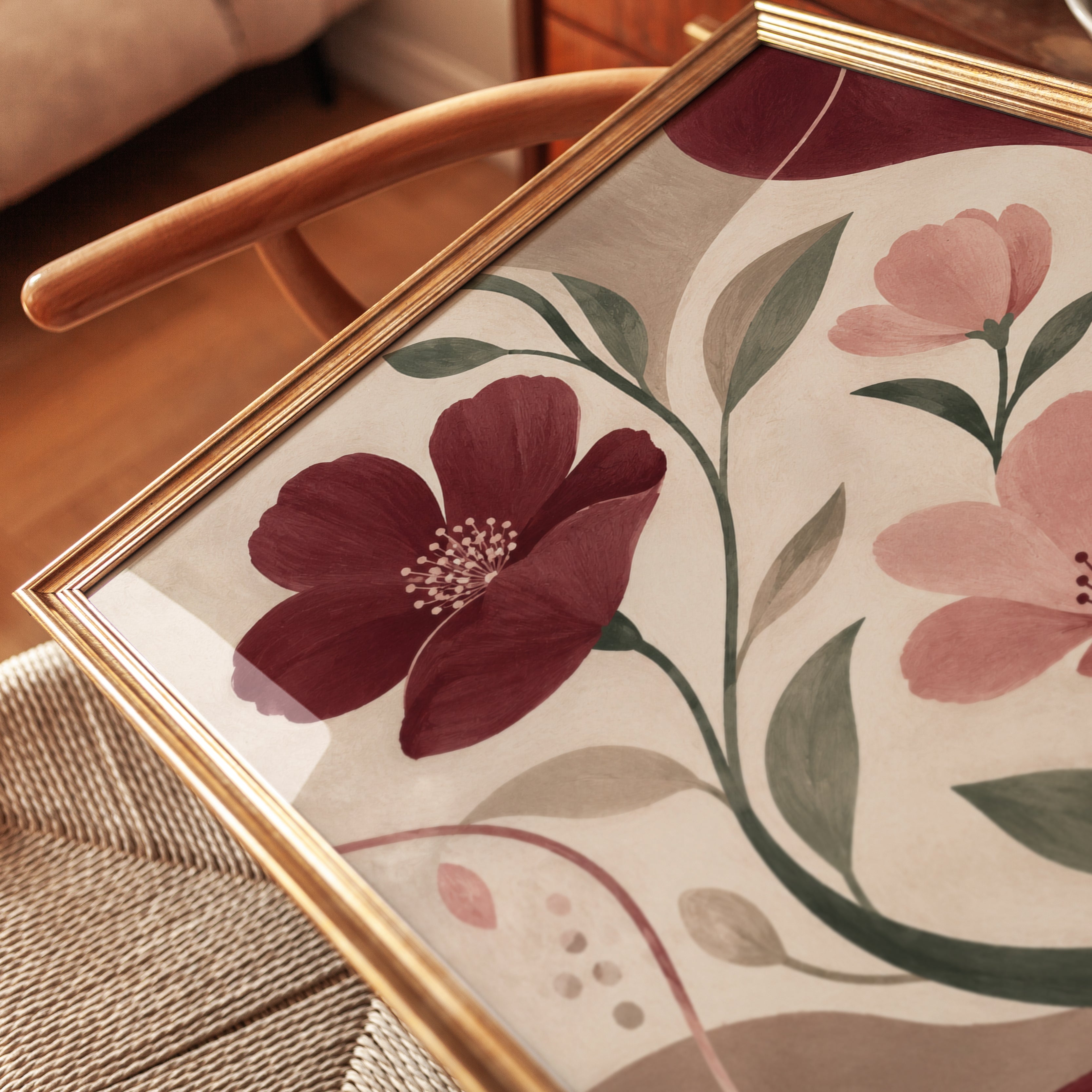 Art Nouveau Floral Wall Art: Burgundy and Pink Botanical Design - detail