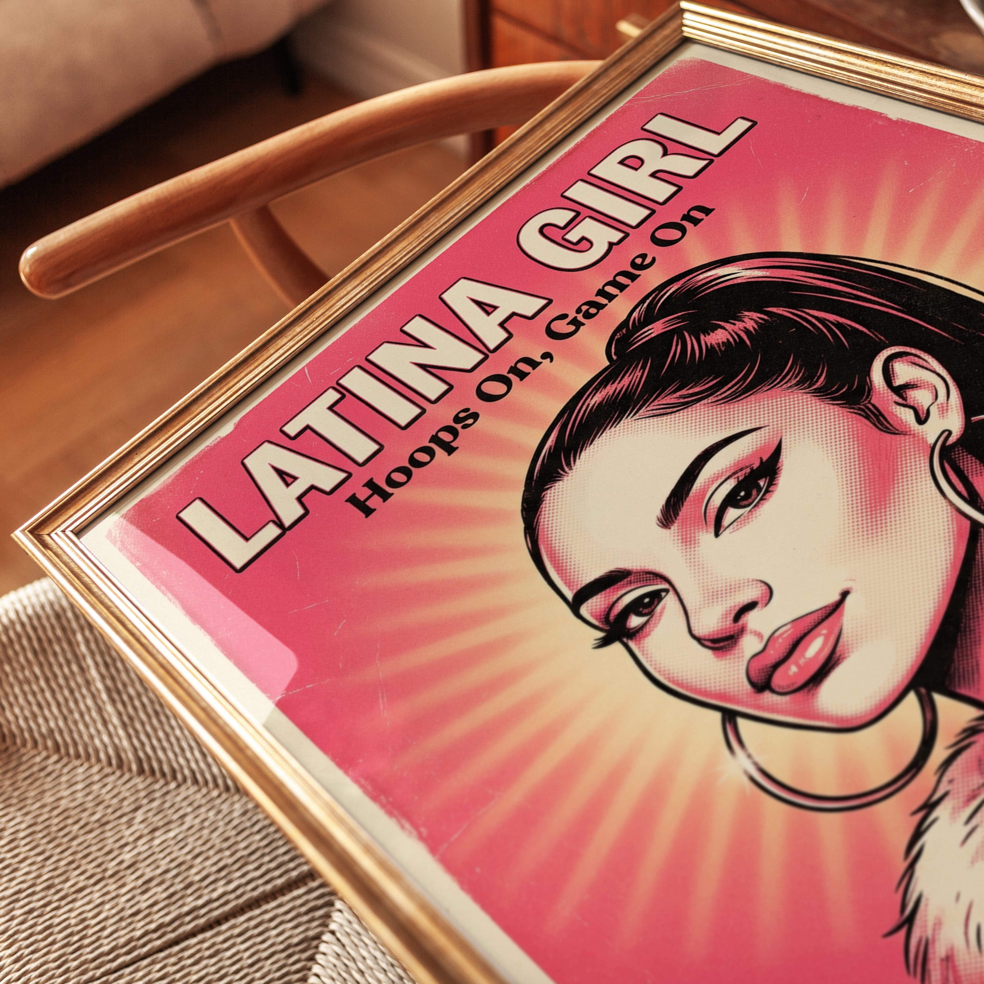 Latina Girl Retro Poster: Vintage Pink Pop Art Basketball Print - detail