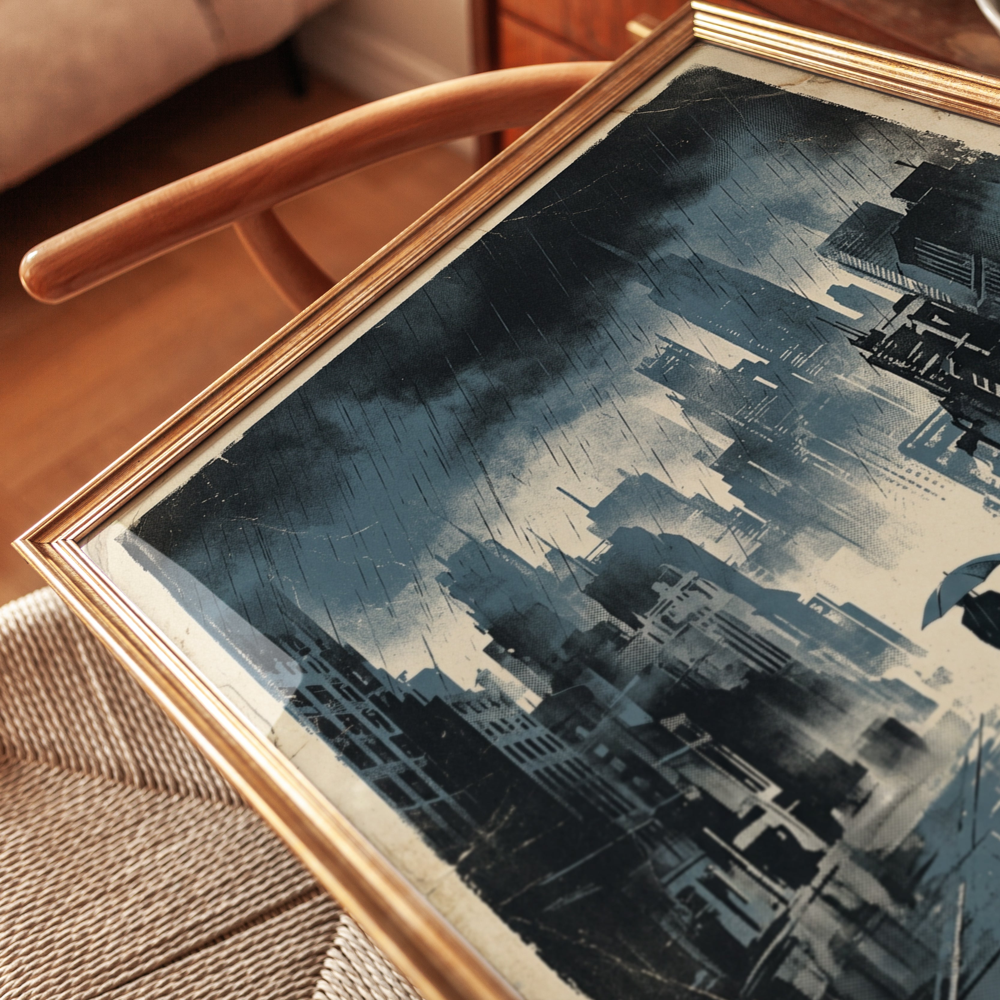Rainy City Street Art Print: Blue Urban Watercolor Silhouette - detail