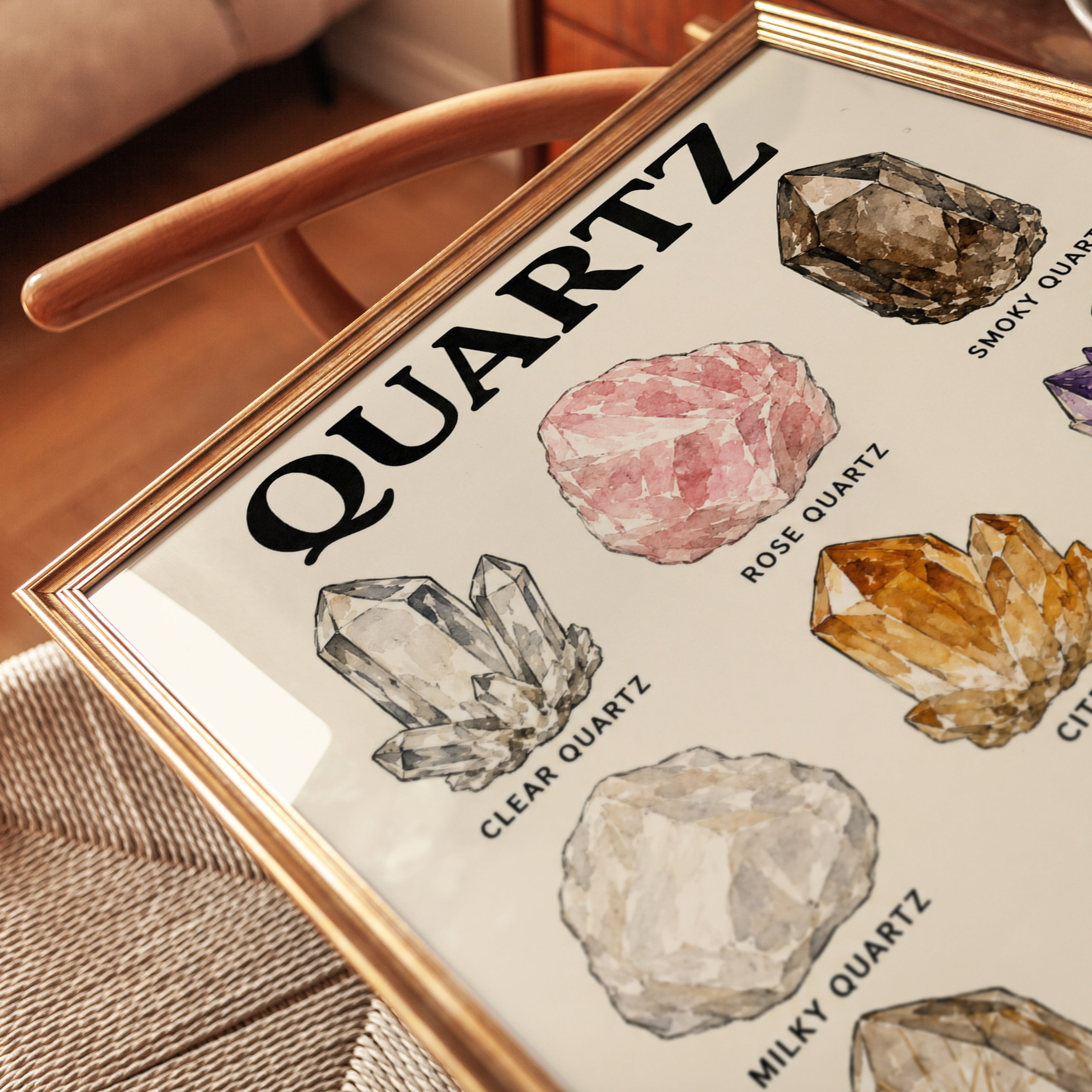 Quartz Crystal Chart Print — Watercolor Gemstone Illustration - detail