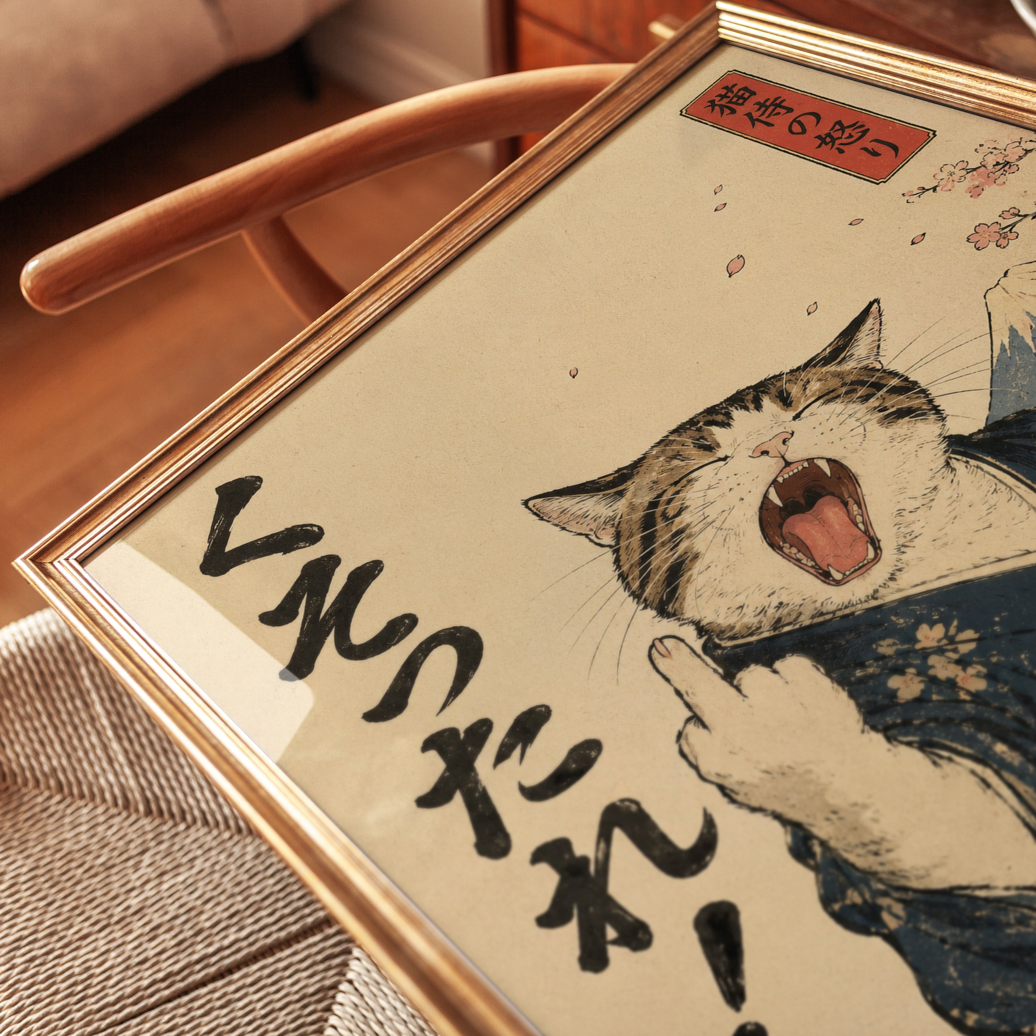Japanese Yawning Samurai Cat Print: Ukiyo-e Mount Fuji Art - detail