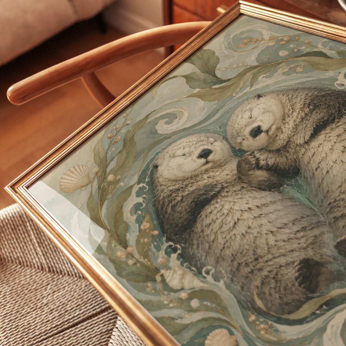Sea Otters Holding Hands Art Print: Art Nouveau Ocean Wildlife - detail