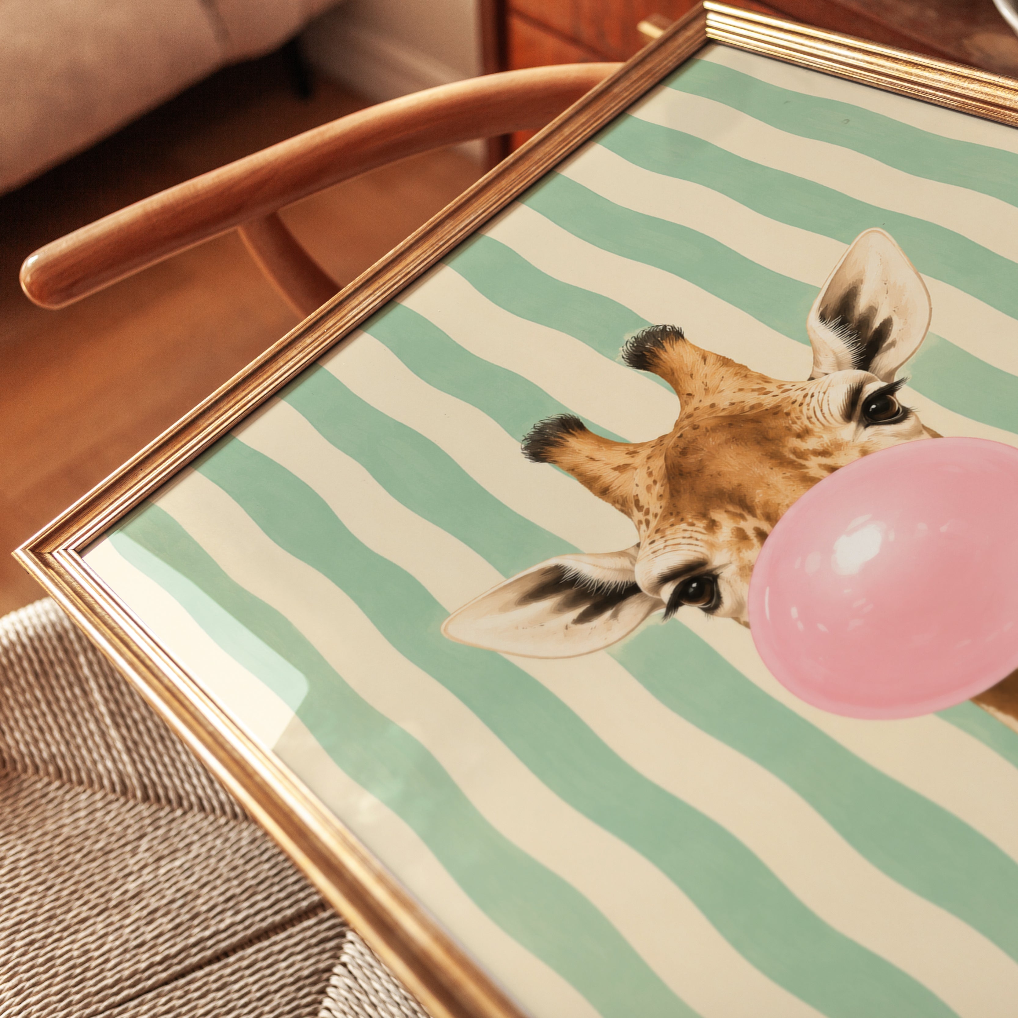 Giraffe Blowing Bubblegum Print: Whimsical Animal Wall Art - detail