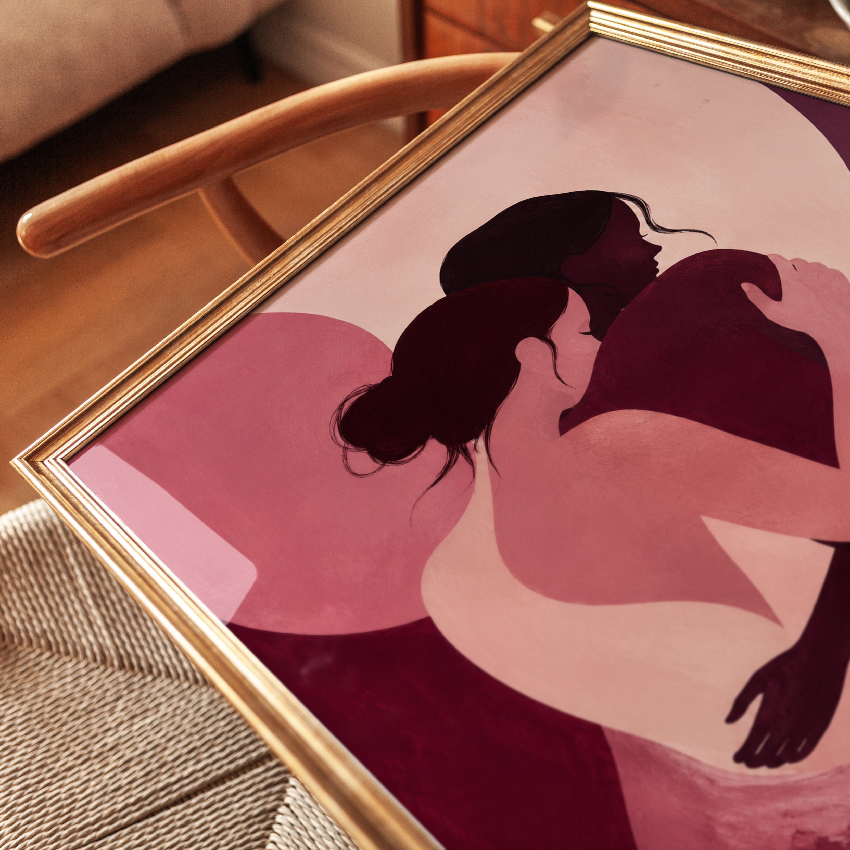 Embrace Silhouette Art Print: Modern Pink and Burgundy Figures - detail