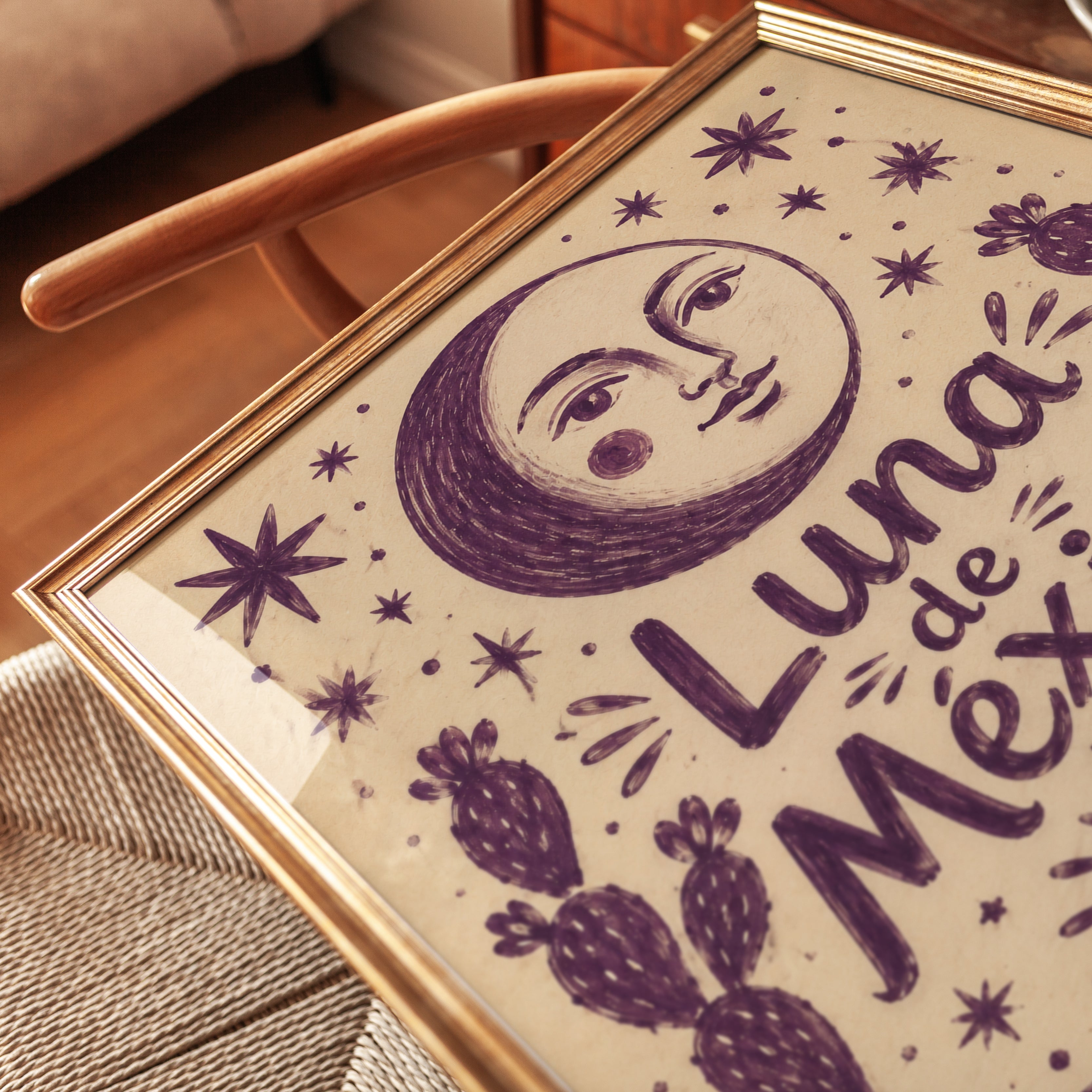 Luna De Mexico Folk Art Print: Purple Mexican Moon Poster - detail