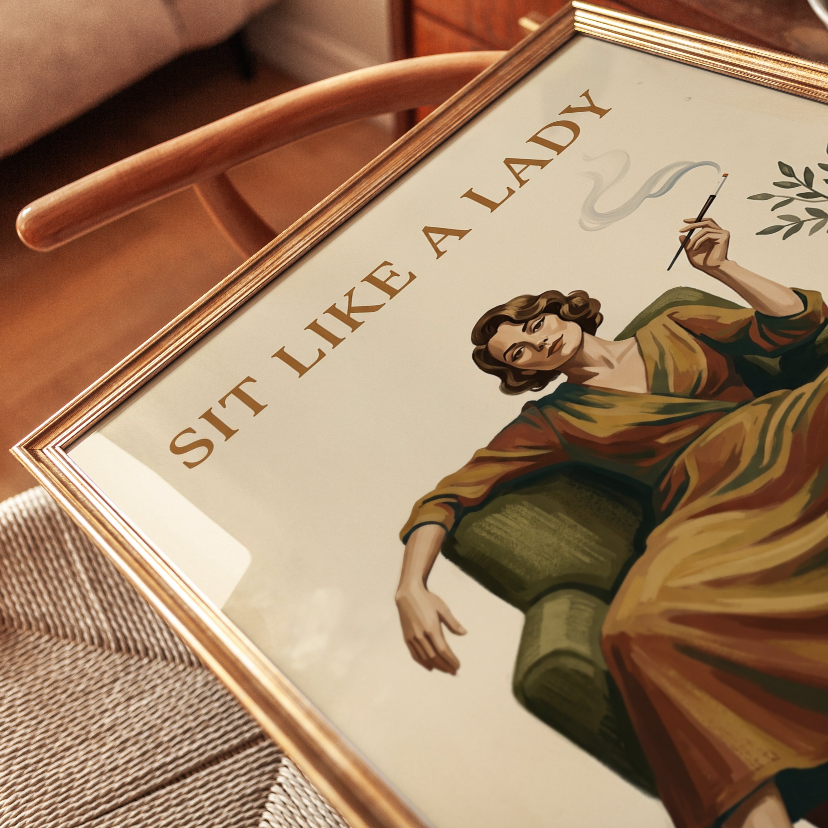 Sit Like a Lady Poster: Vintage Retro Woman with Cigarette Art - detail