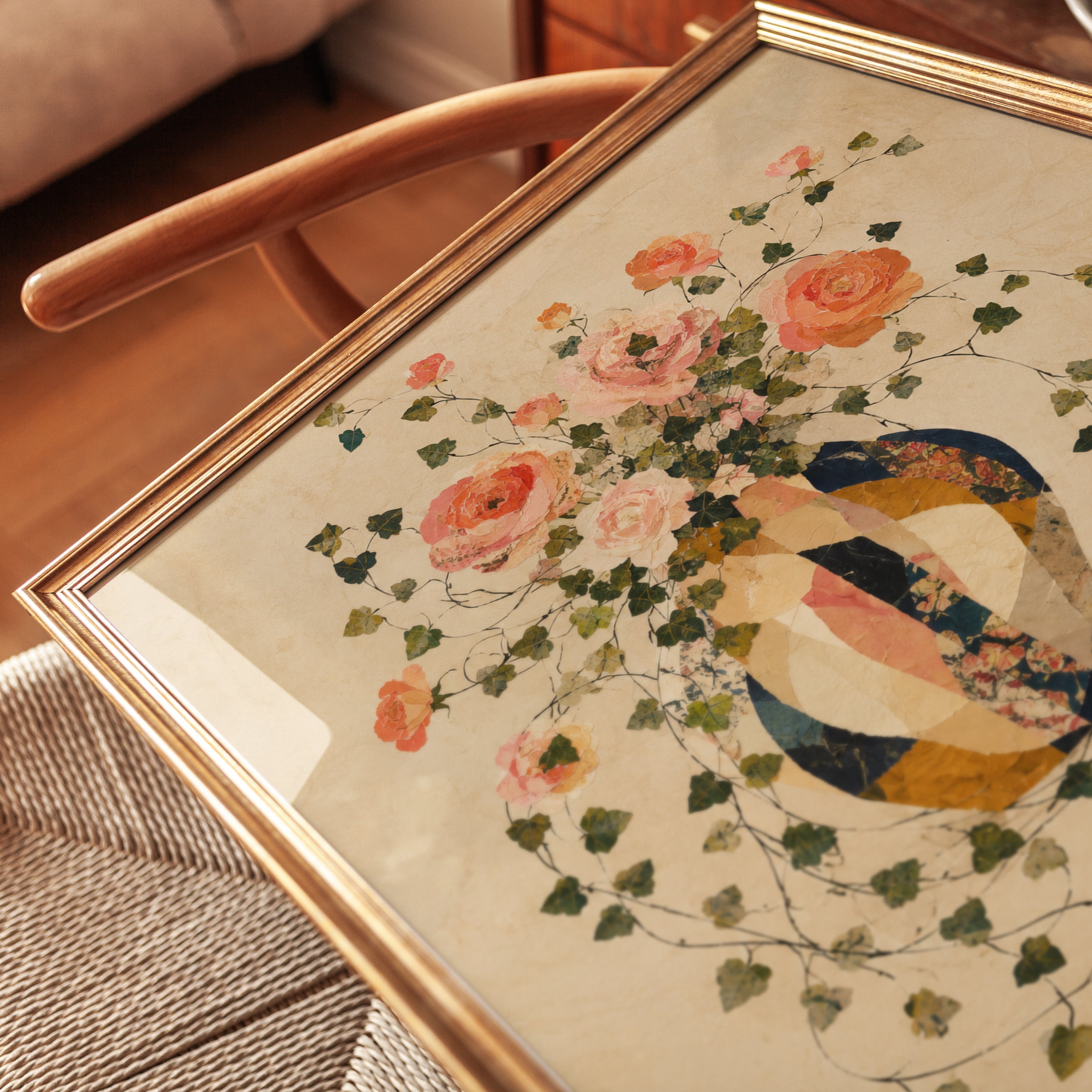 Vintage Floral Vase Art Print: Coral Roses and Ivy on Cream - detail