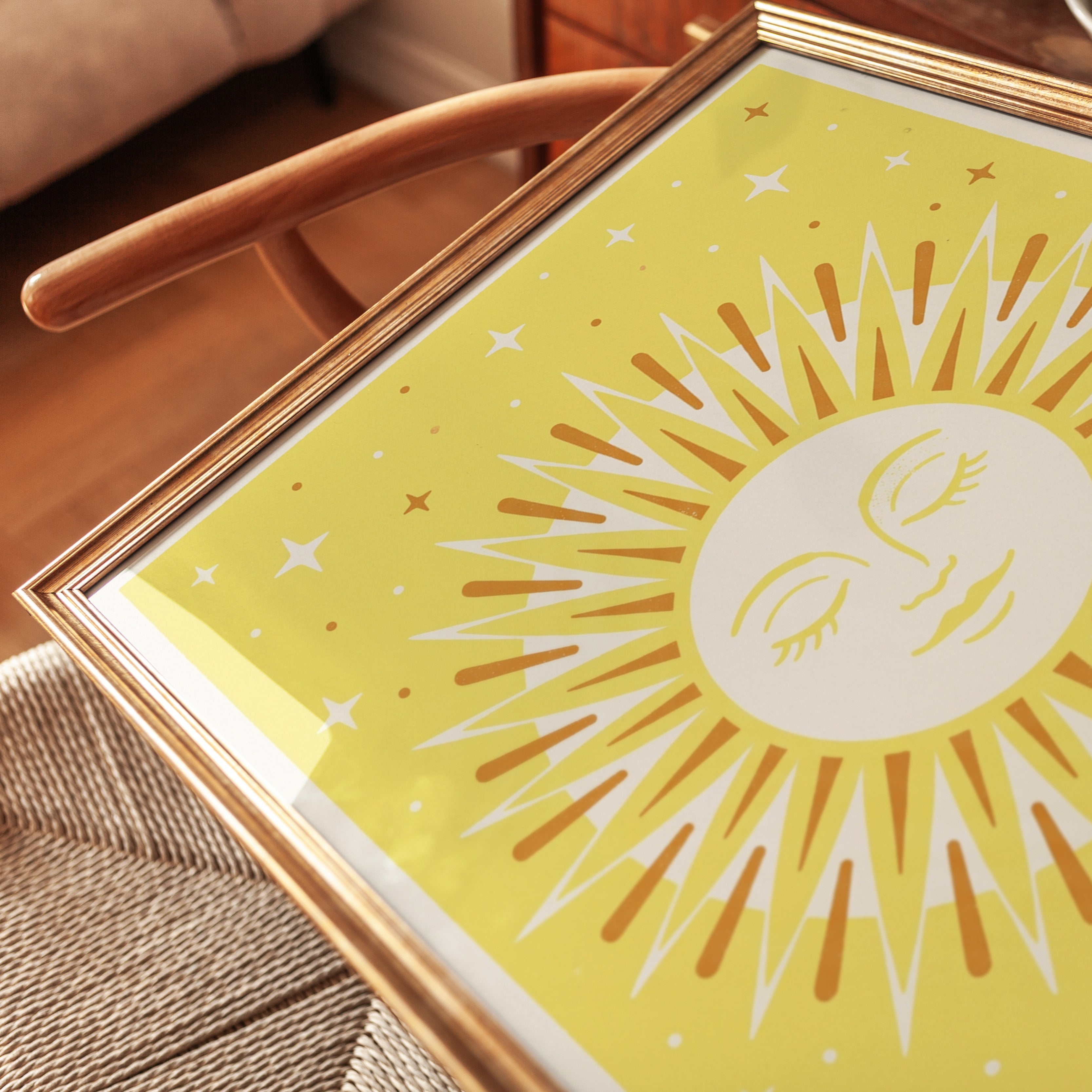 Celestial Sun Face Art Print: Mid-Century Modern Yellow Design - detail