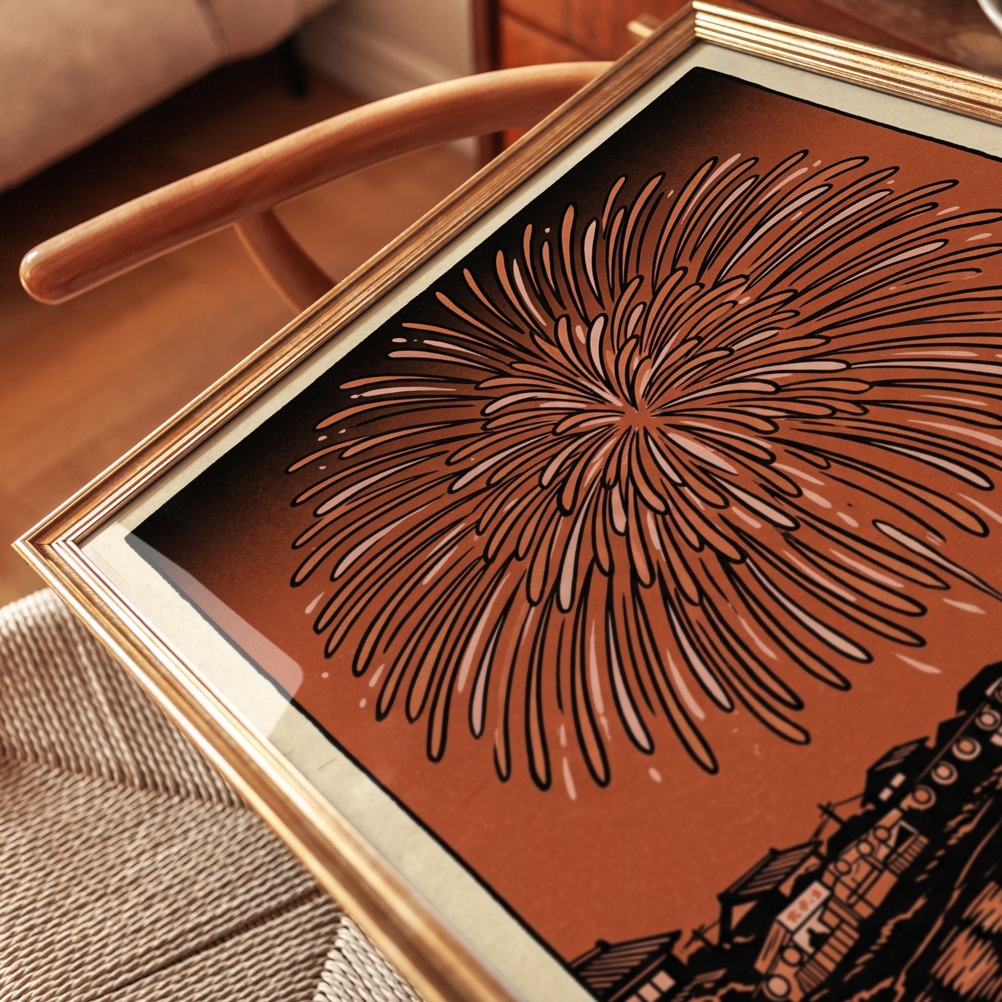 Japanese Fireworks Print — Vintage Woodblock Style - detail