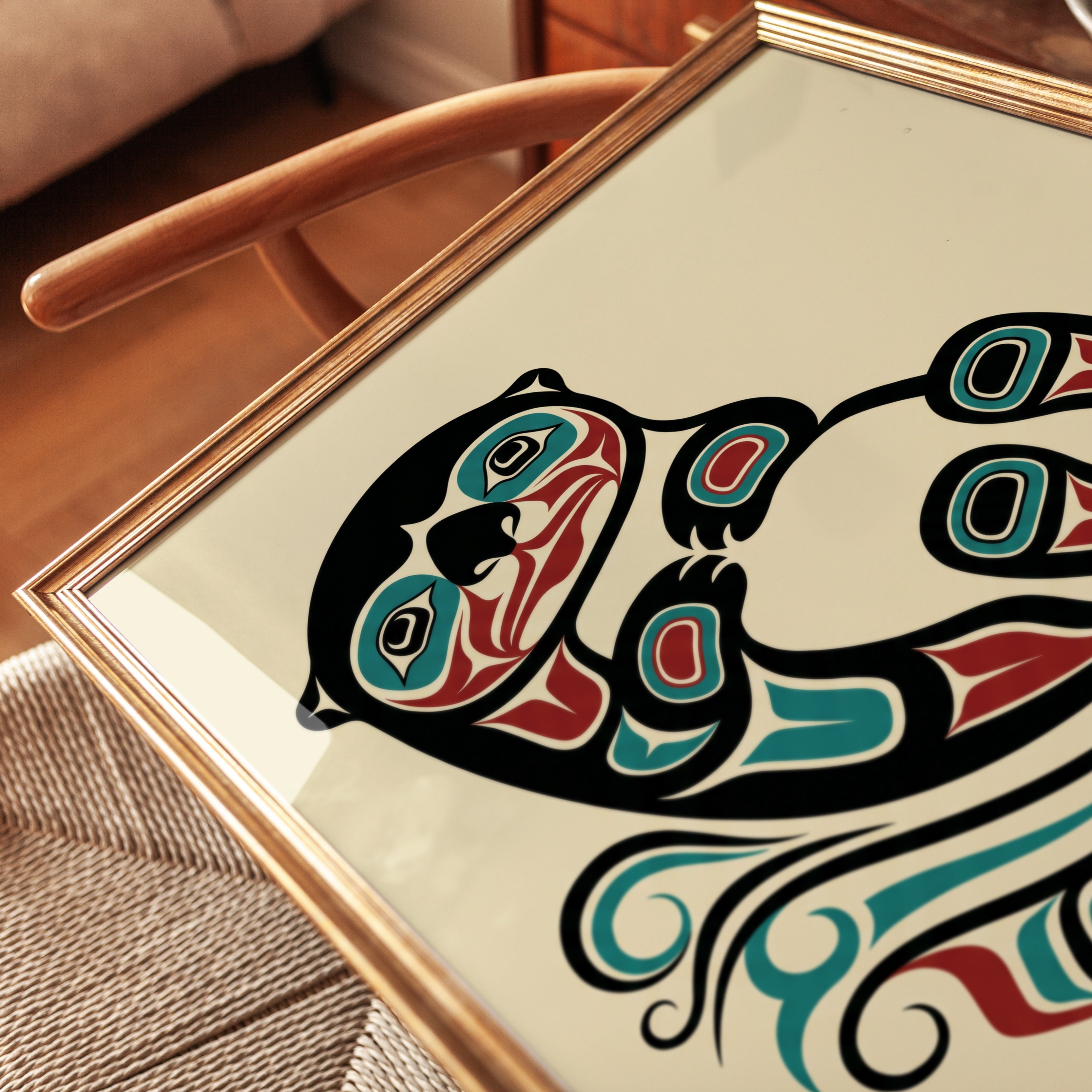 Otter Art Print: Pacific Northwest Coast Formline (Teal and Red) - detail