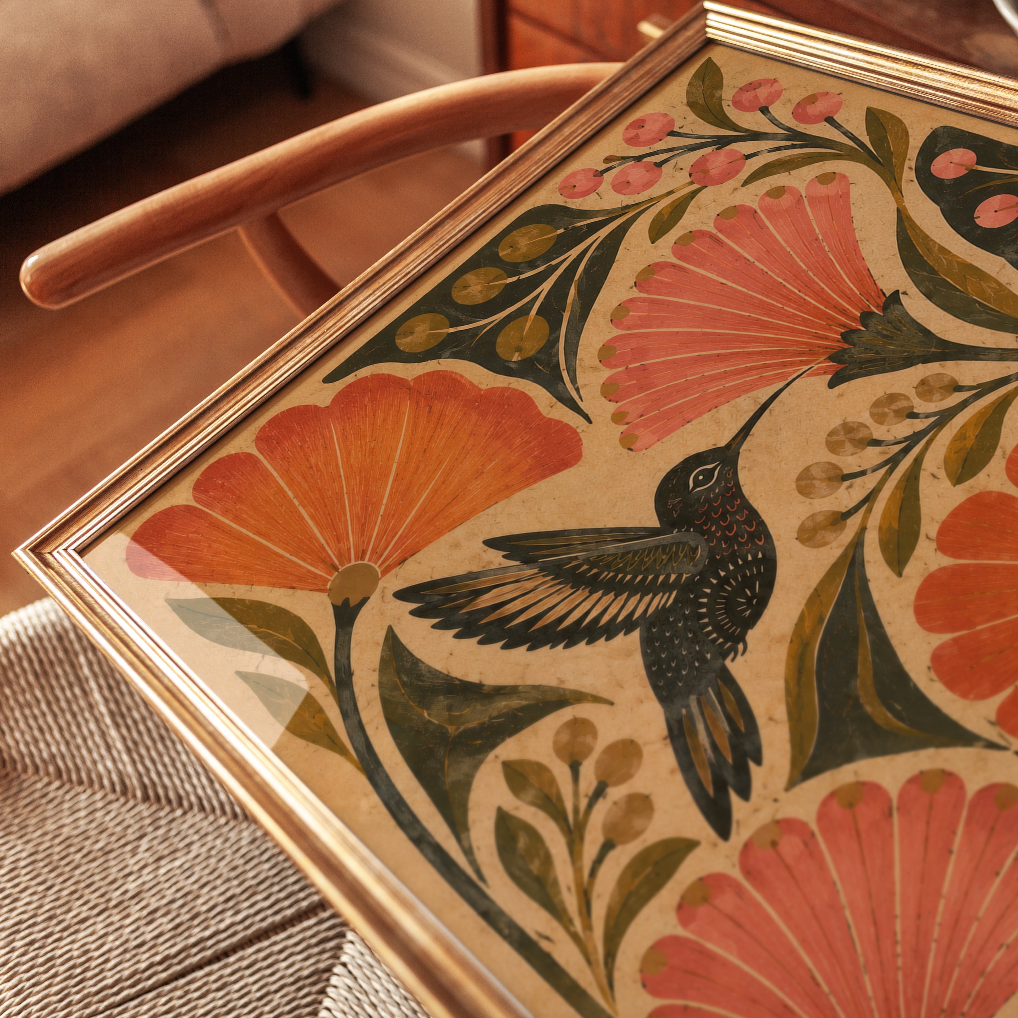 Hummingbird Folk Art Print — Vintage Floral Illustration - detail