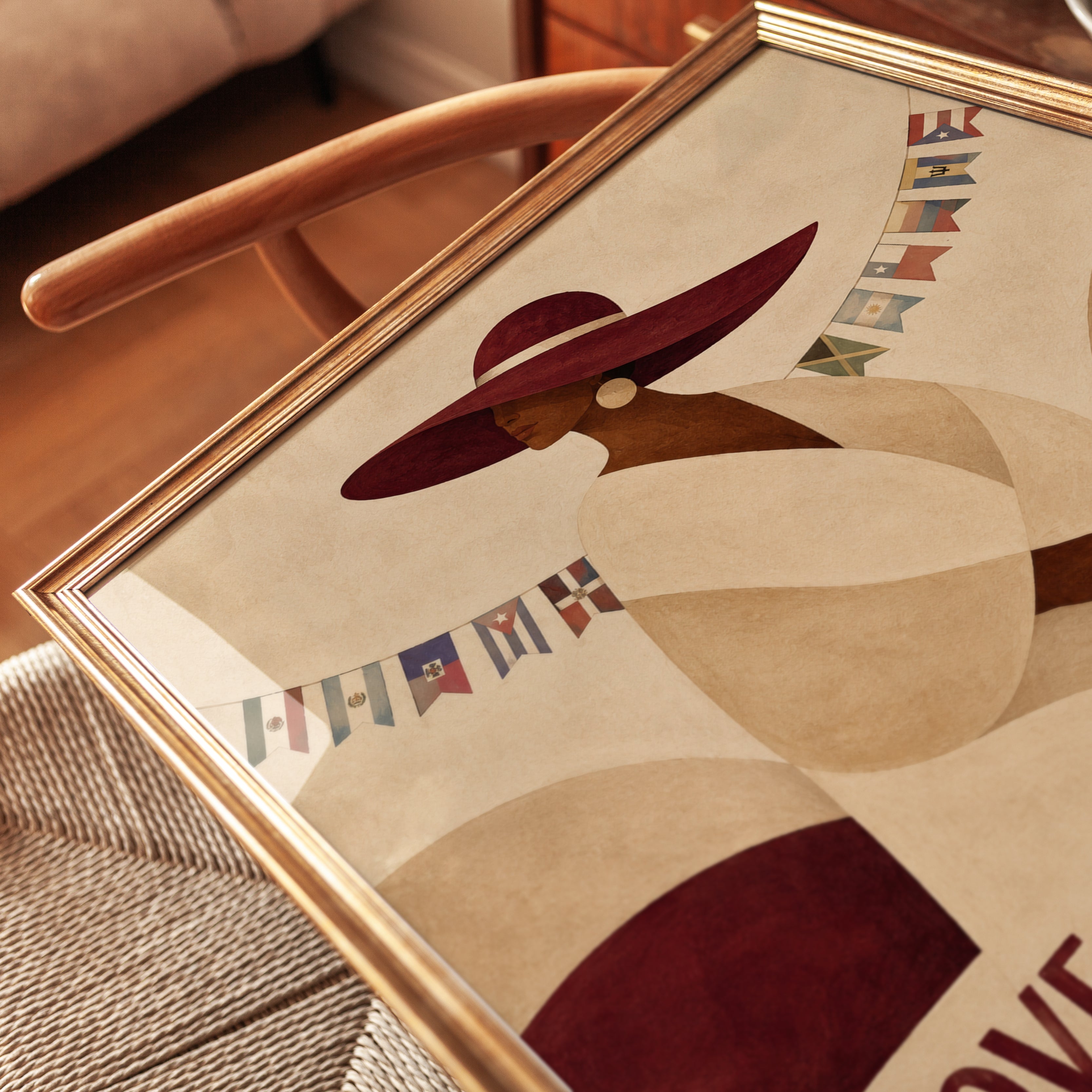Art Deco Woman Portrait: Burgundy and Beige Geometric Poster - detail