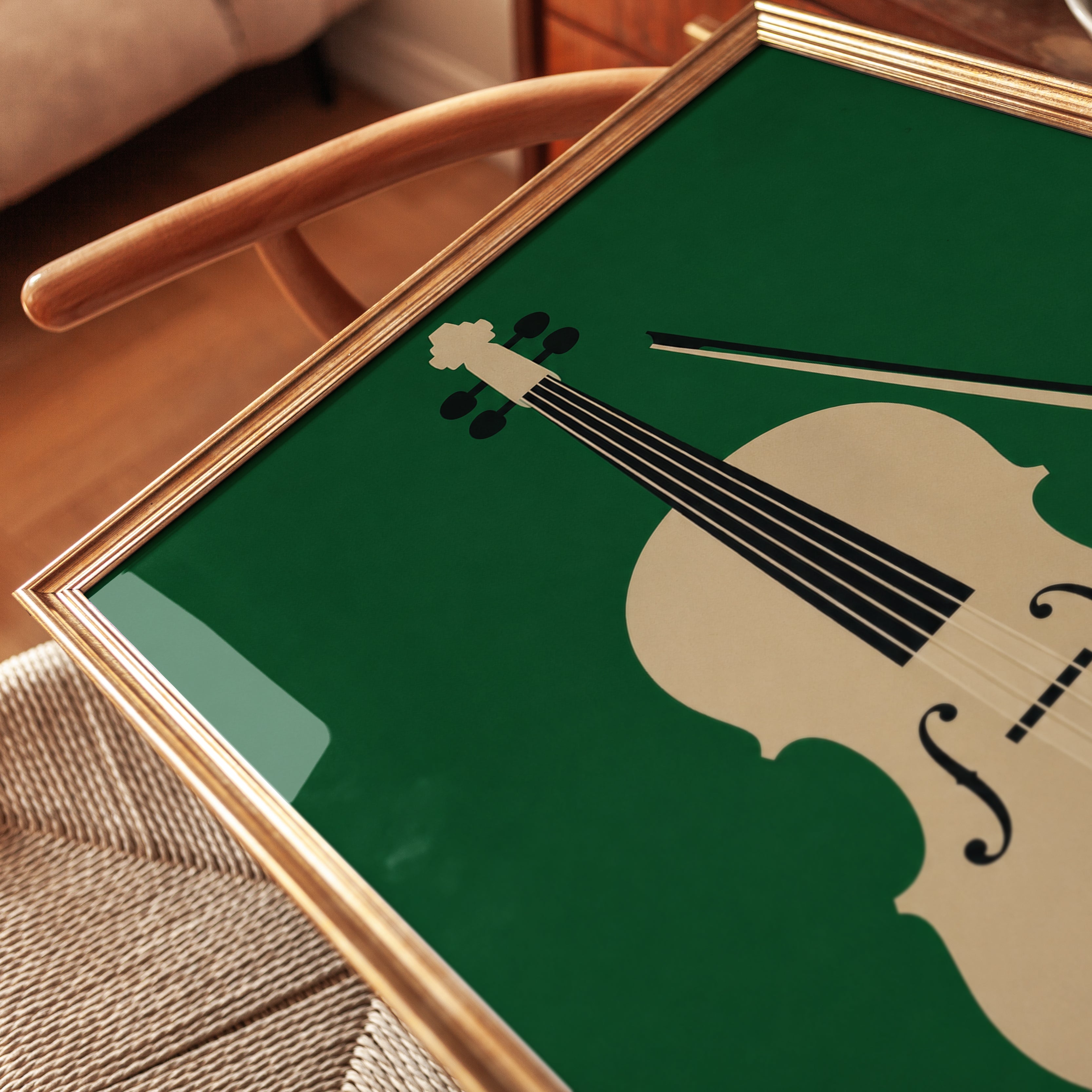 Minimalist Cello Art Print: Green Background Music Poster - detail