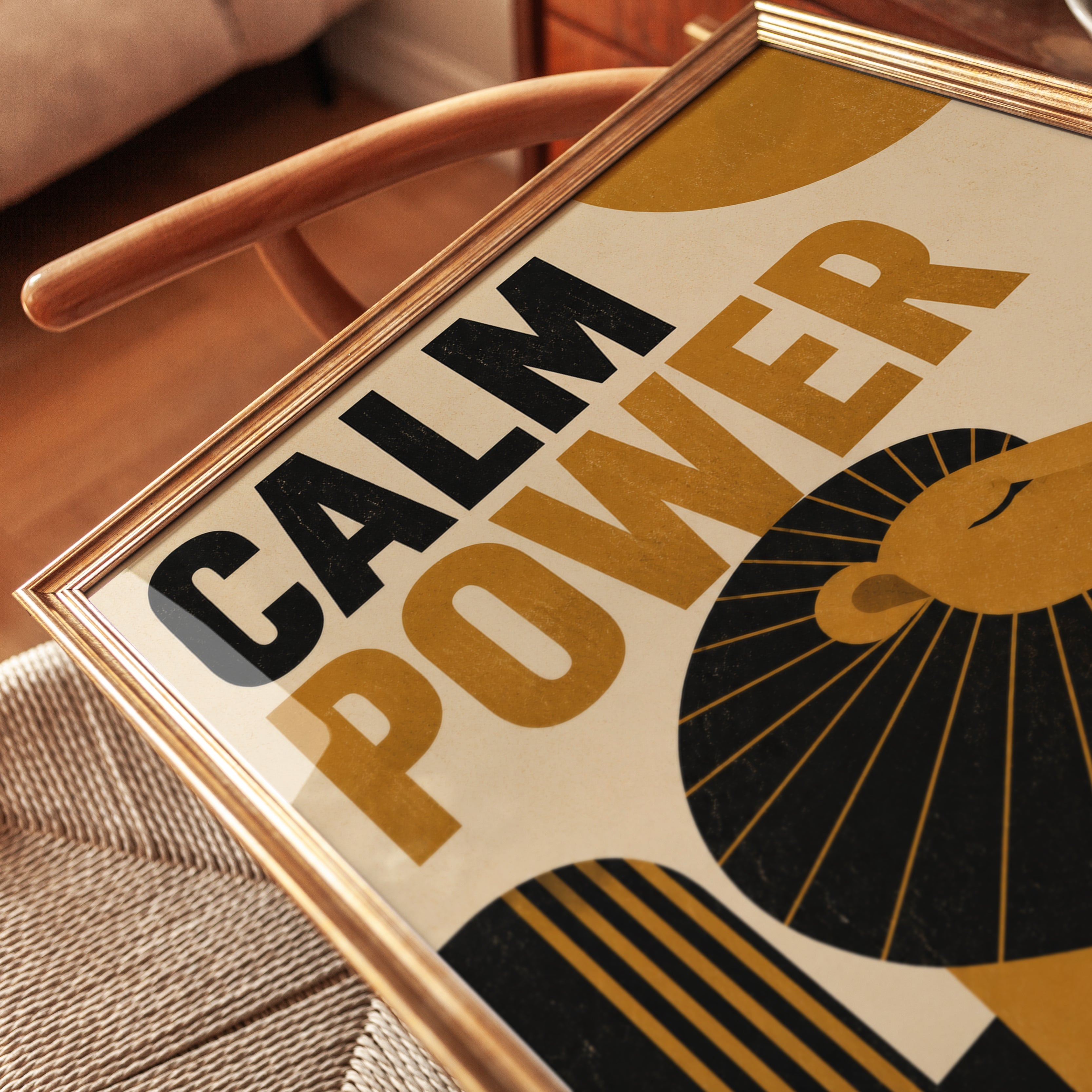 Calm Power Lion Print: Art Deco Geometric Mustard and Black - detail