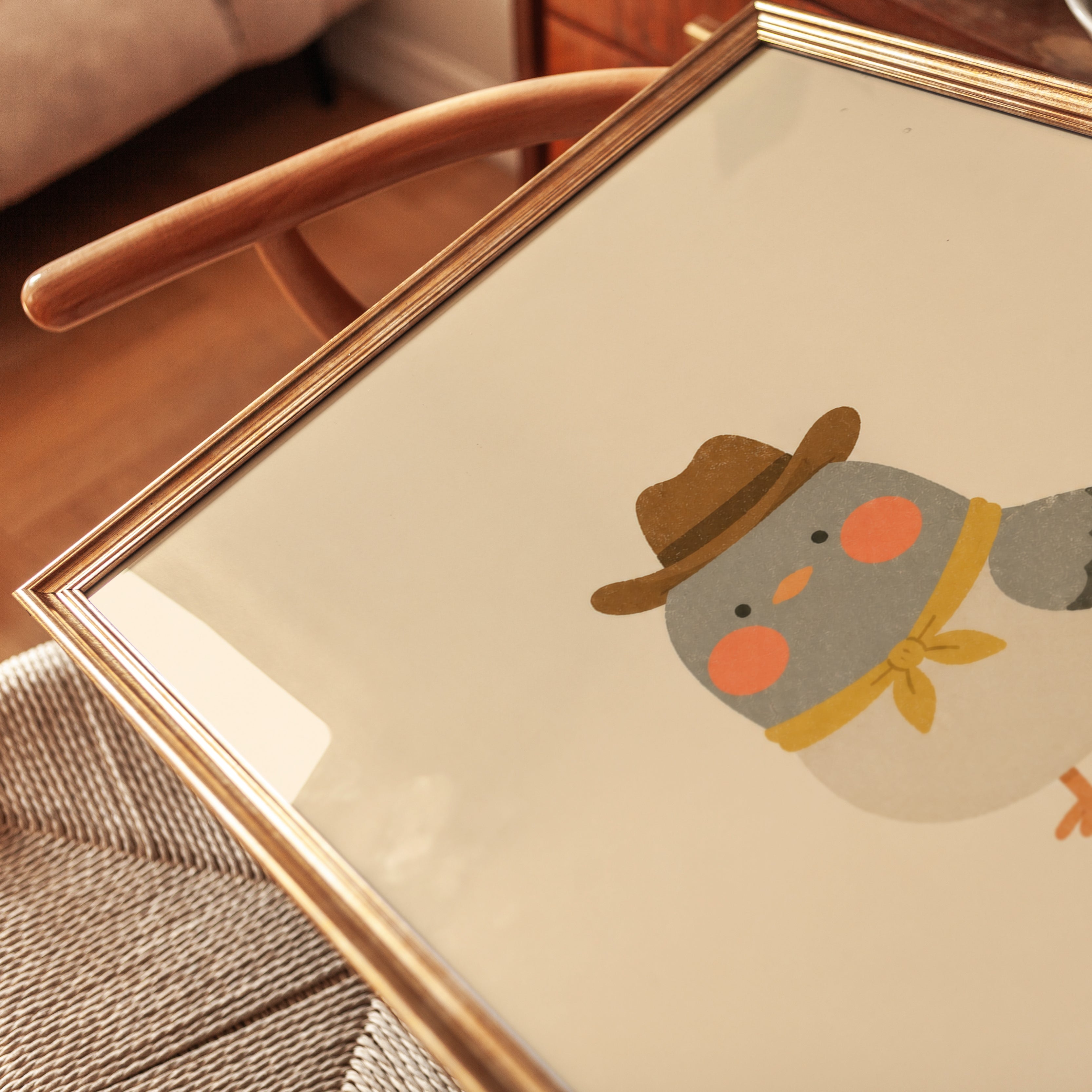 Cowboy Bird Wall Art – Whimsical Nursery Print - detail