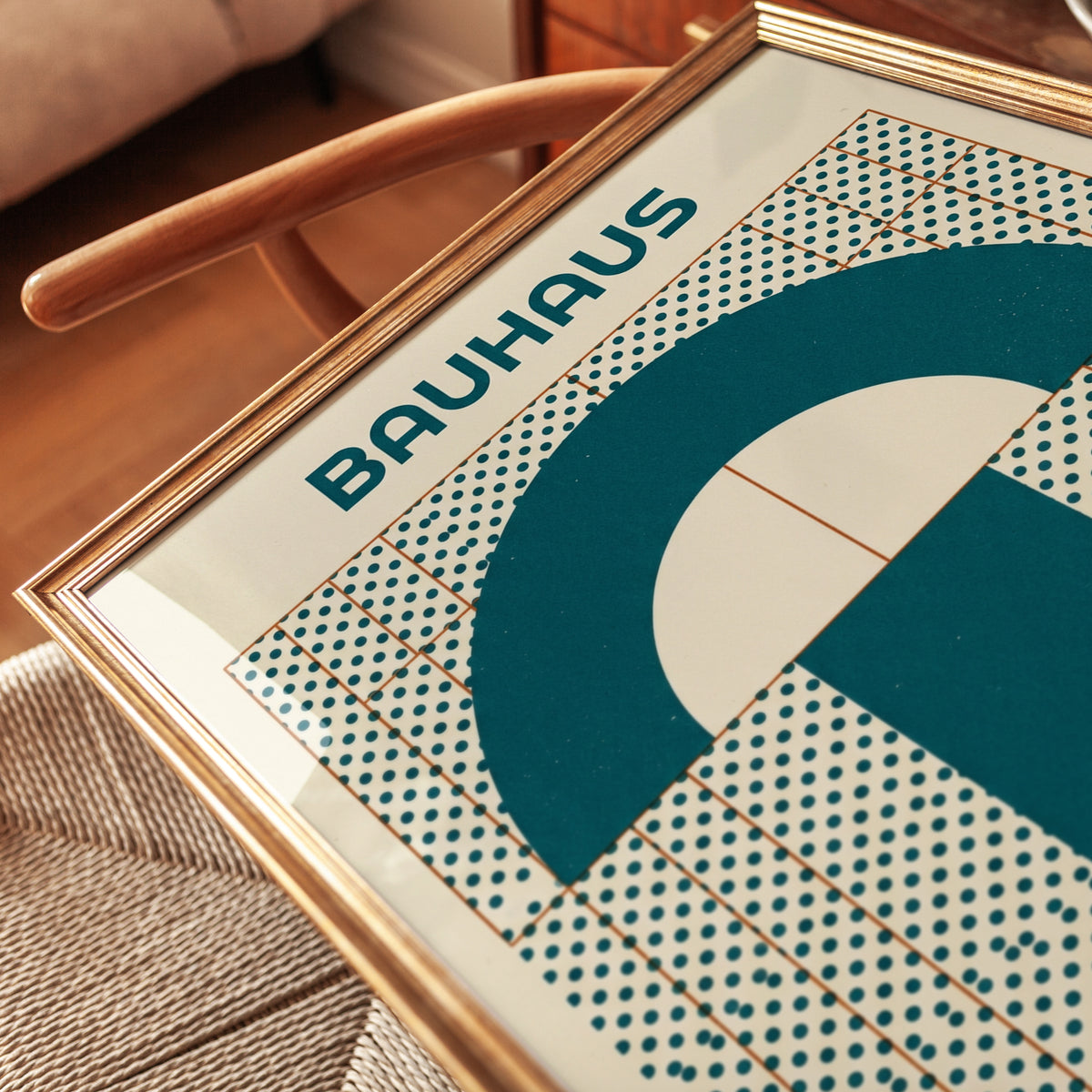 Bauhaus Geometric Arch Print: Teal and Cream Modernist Design - detail