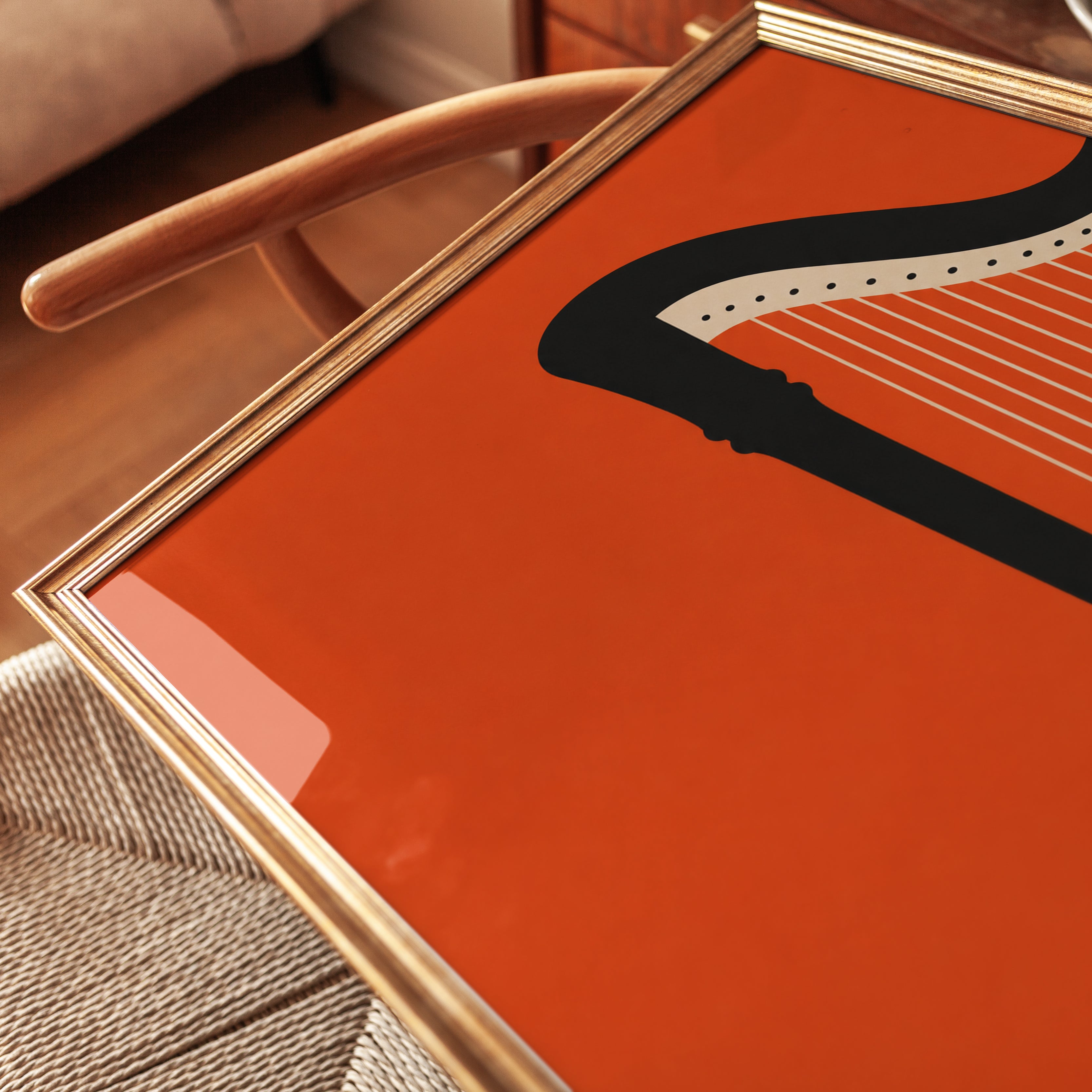 Harp Art Print: Minimalist Music Poster in Orange and Black - detail