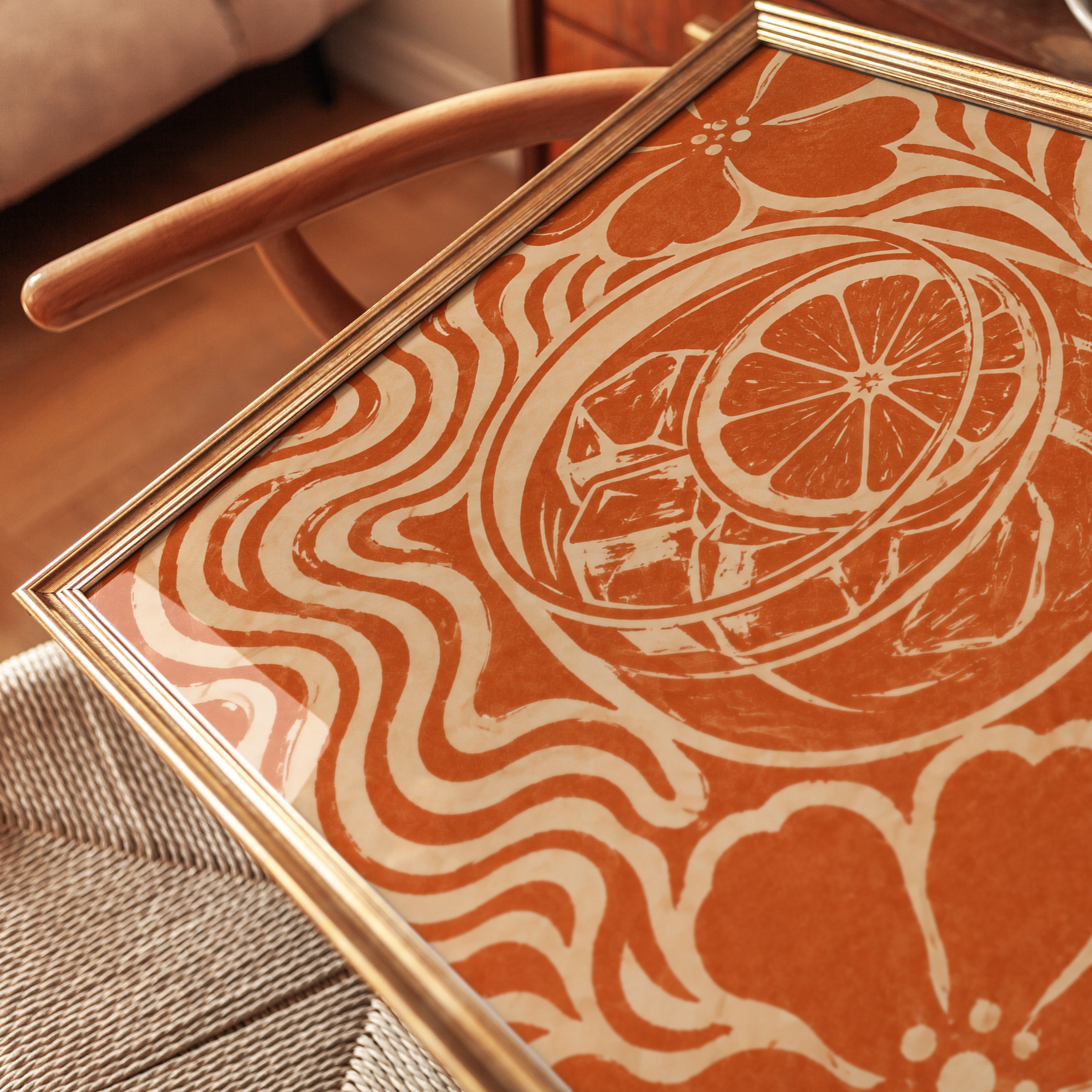 Retro Orange Cocktail Glass Print: Art Nouveau Floral Design - detail