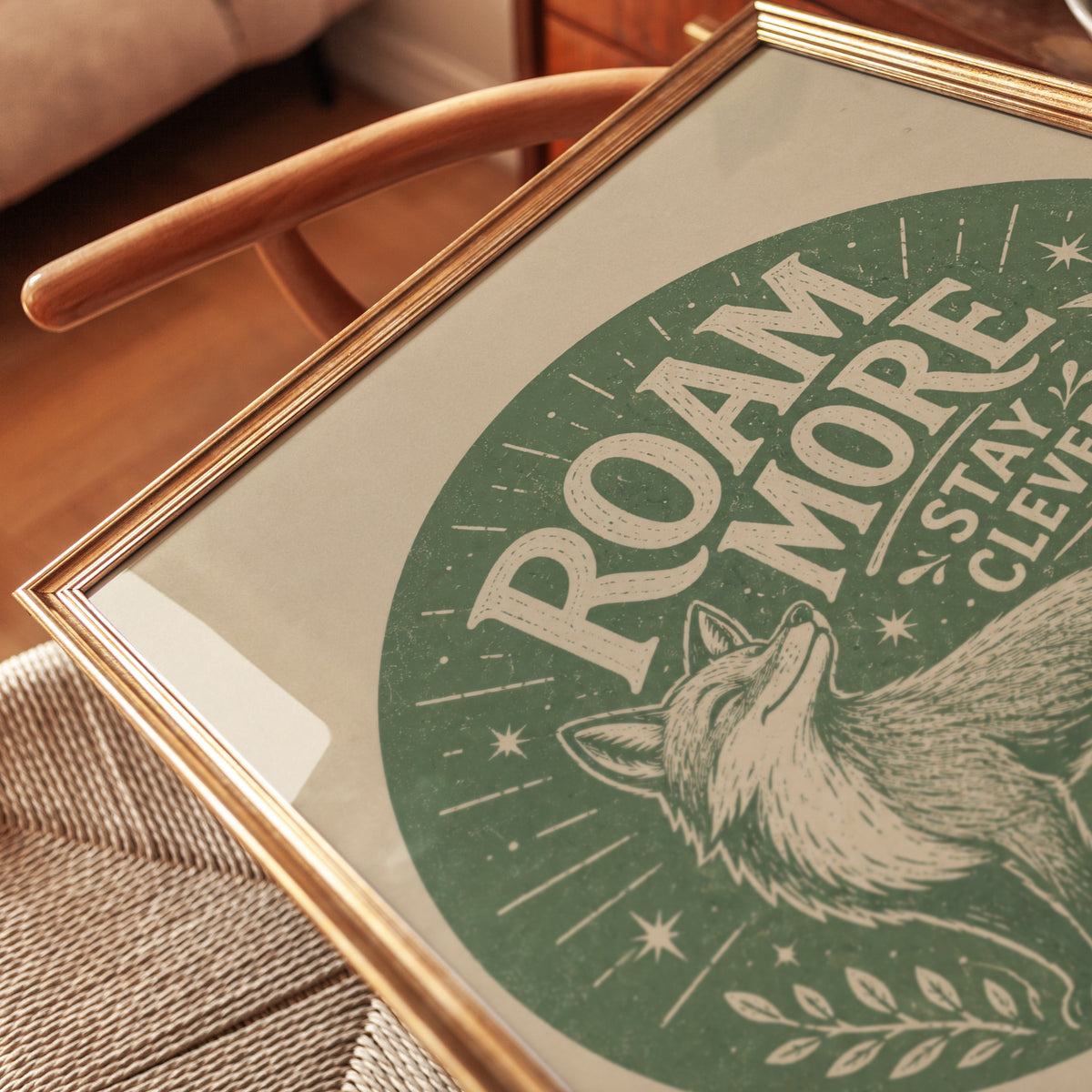 Roam More Stay Clever Fox Print: Vintage Green Typography Poster - detail