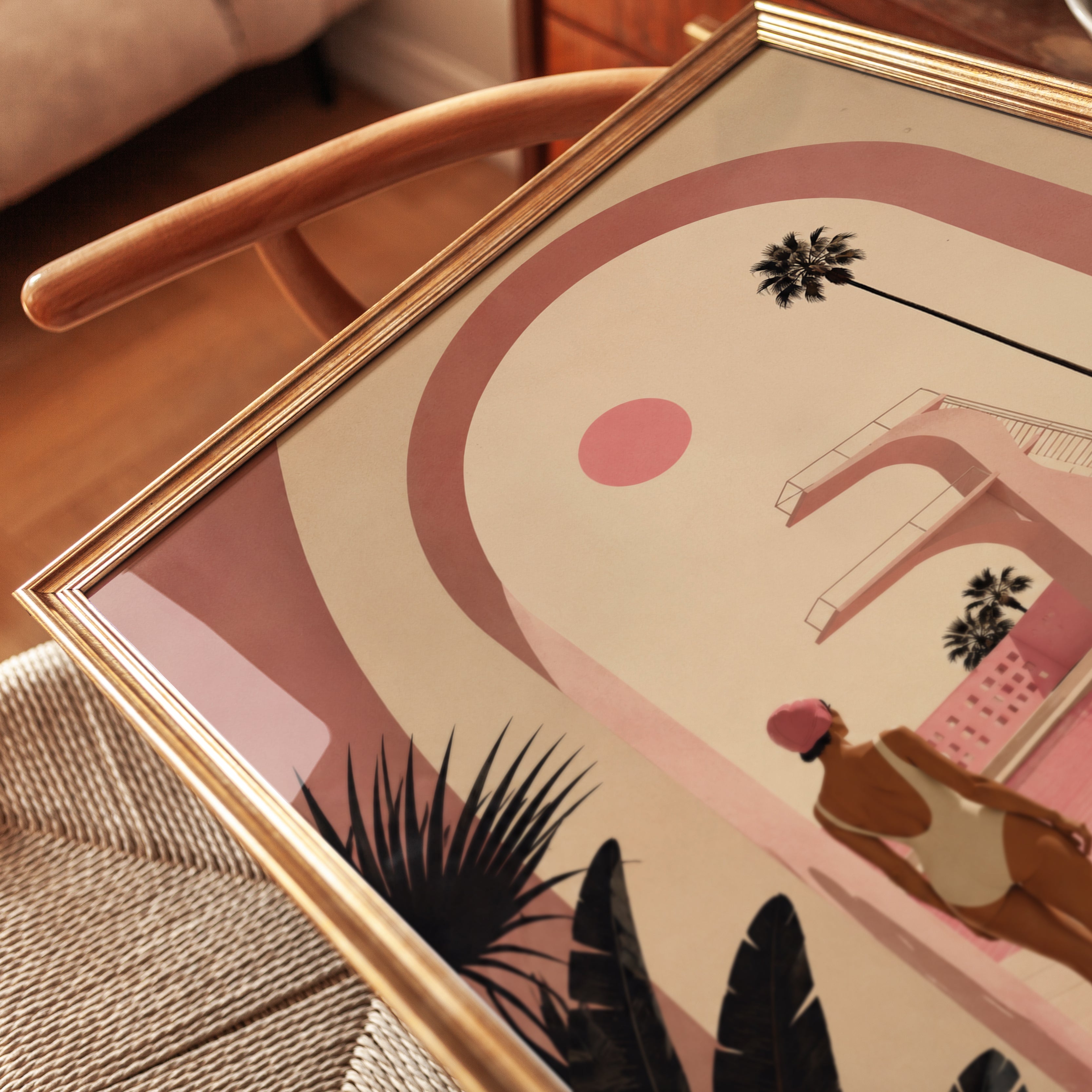 Pink Pool Paradise Art Print: Mid-Century Modern Architecture - detail