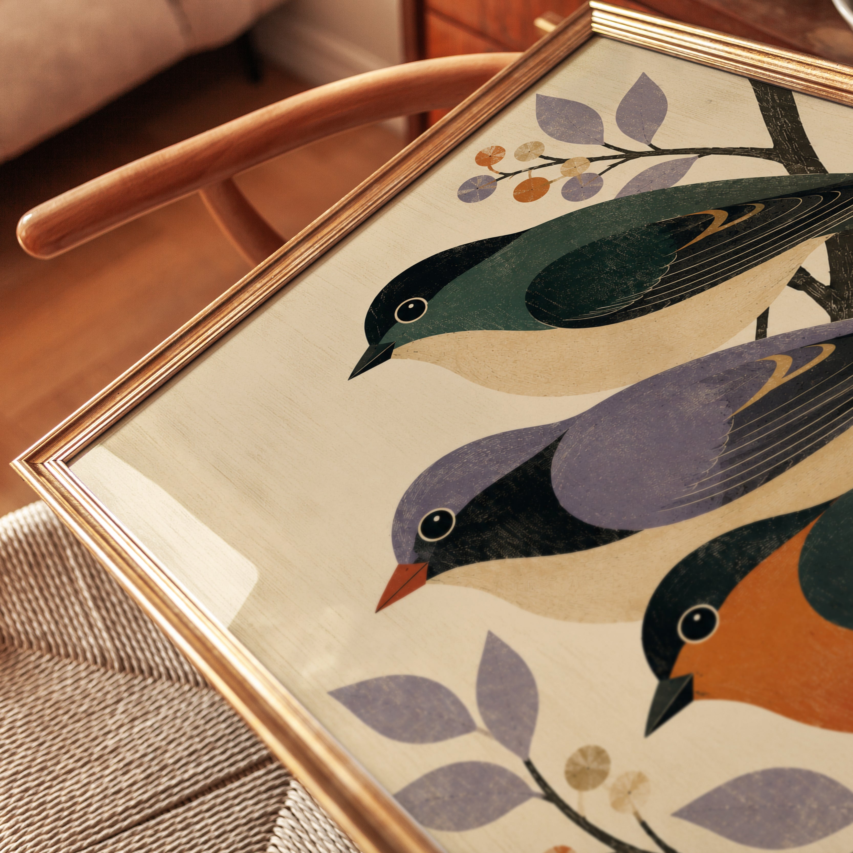 Three Birds on Branches Wall Art: Mid-Century Folk Design - detail